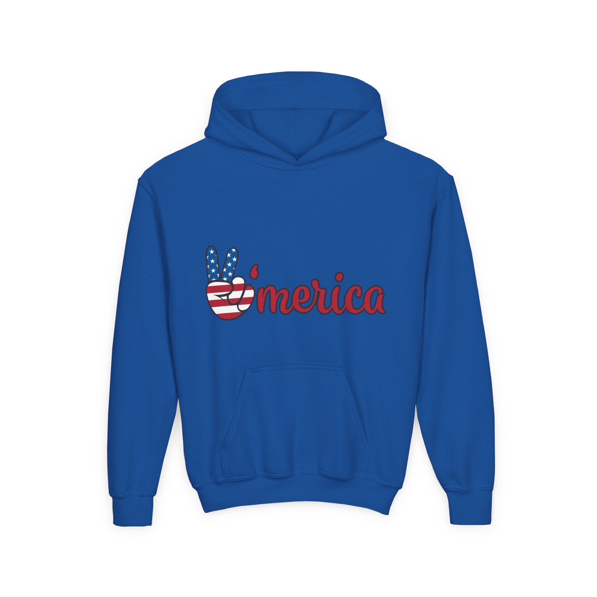 Youth Heavy Blend Hooded Sweatshirt with American Peace Sign and Astronaut Graphic