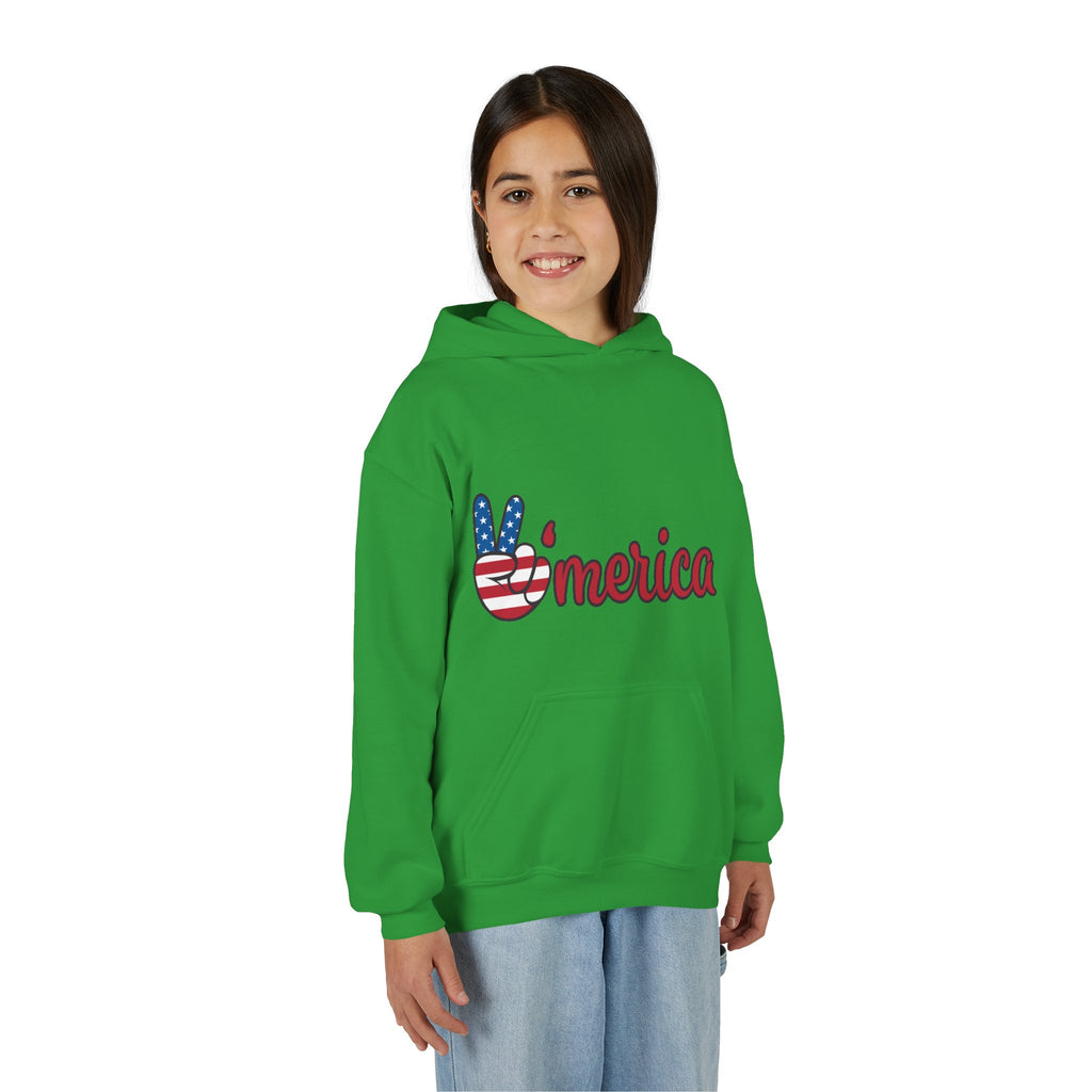 Youth Heavy Blend Hooded Sweatshirt with American Peace Sign and Astronaut Graphic