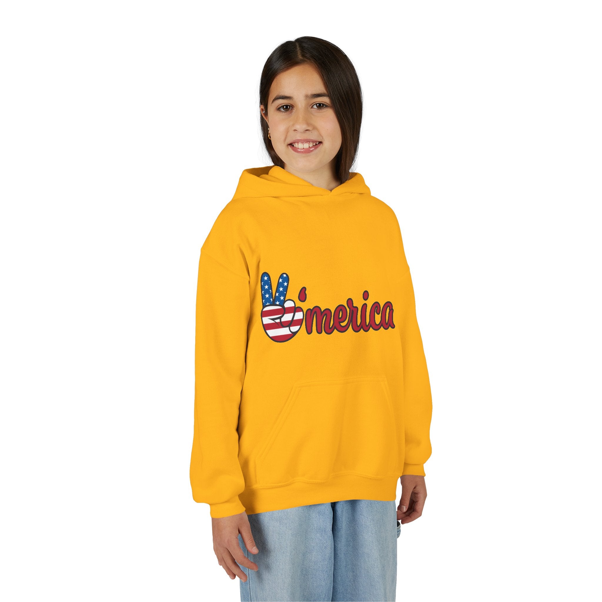 Youth Heavy Blend Hooded Sweatshirt with American Peace Sign and Astronaut Graphic