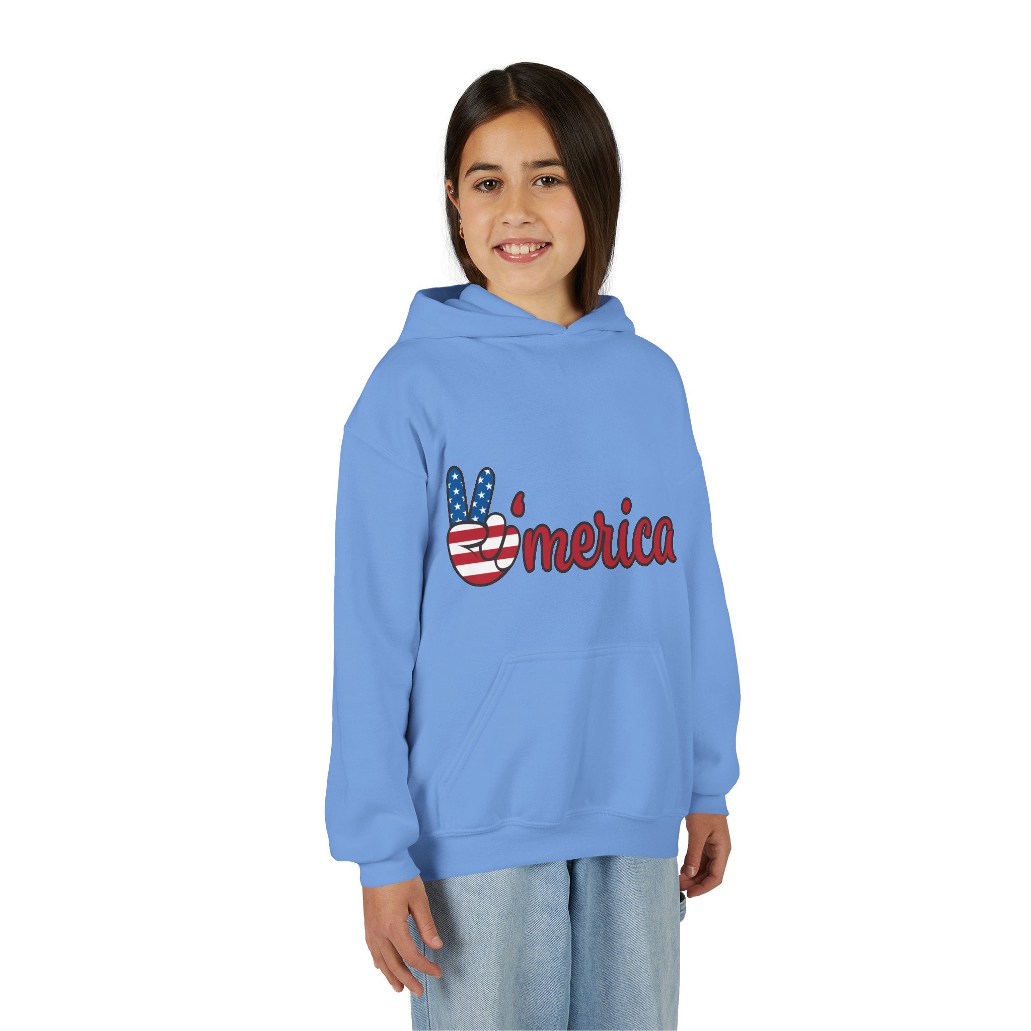 Youth Heavy Blend Hooded Sweatshirt with American Peace Sign and Astronaut Graphic