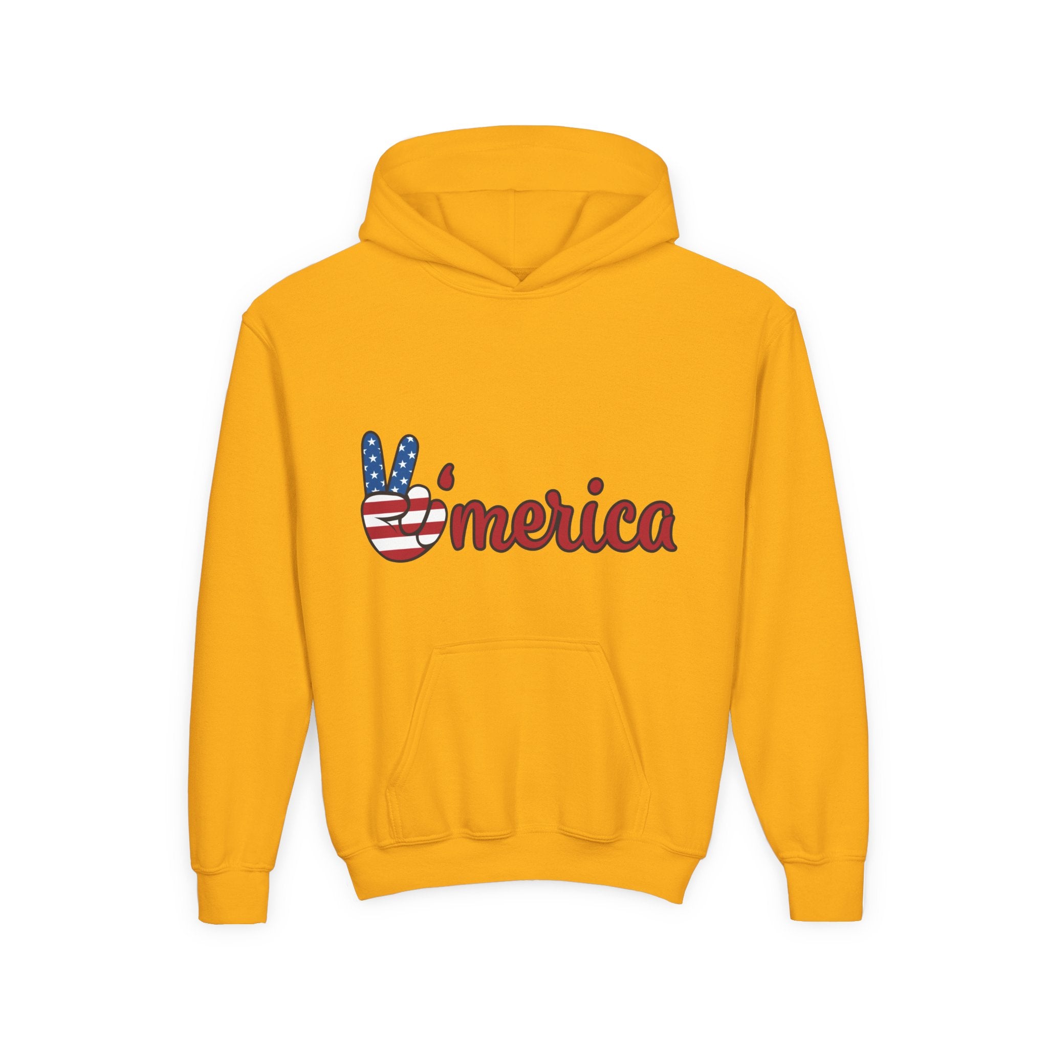 Youth Heavy Blend Hooded Sweatshirt with American Peace Sign and Astronaut Graphic