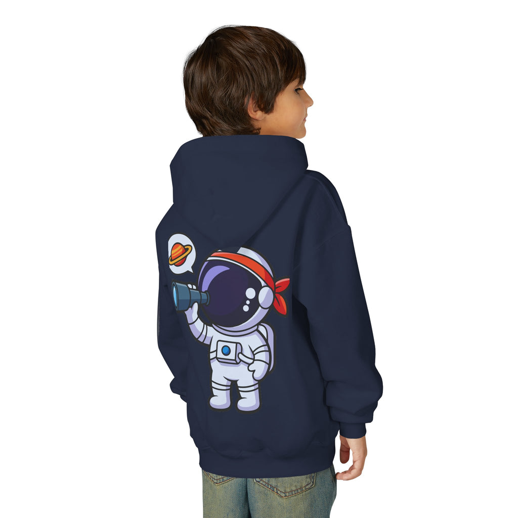 Youth Heavy Blend Hooded Sweatshirt with American Peace Sign and Astronaut Graphic