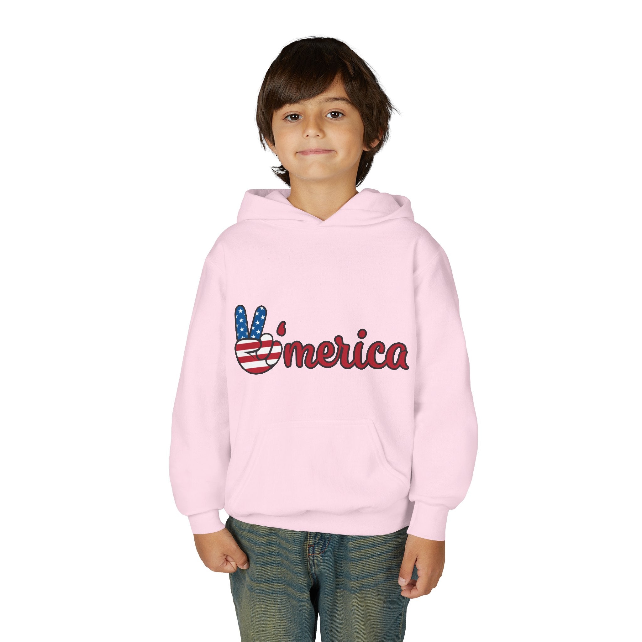 Youth Heavy Blend Hooded Sweatshirt with American Peace Sign and Astronaut Graphic