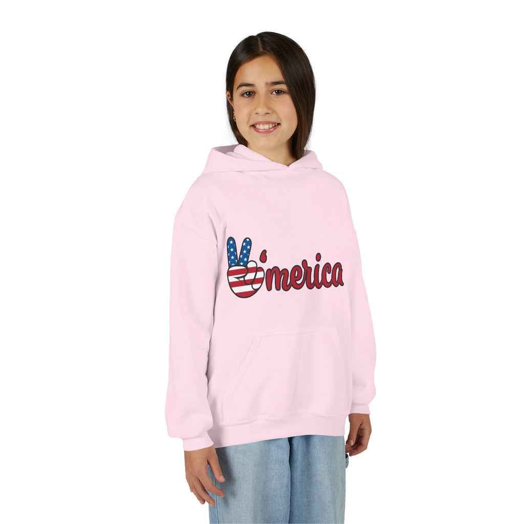 Youth Heavy Blend Hooded Sweatshirt with American Peace Sign and Astronaut Graphic