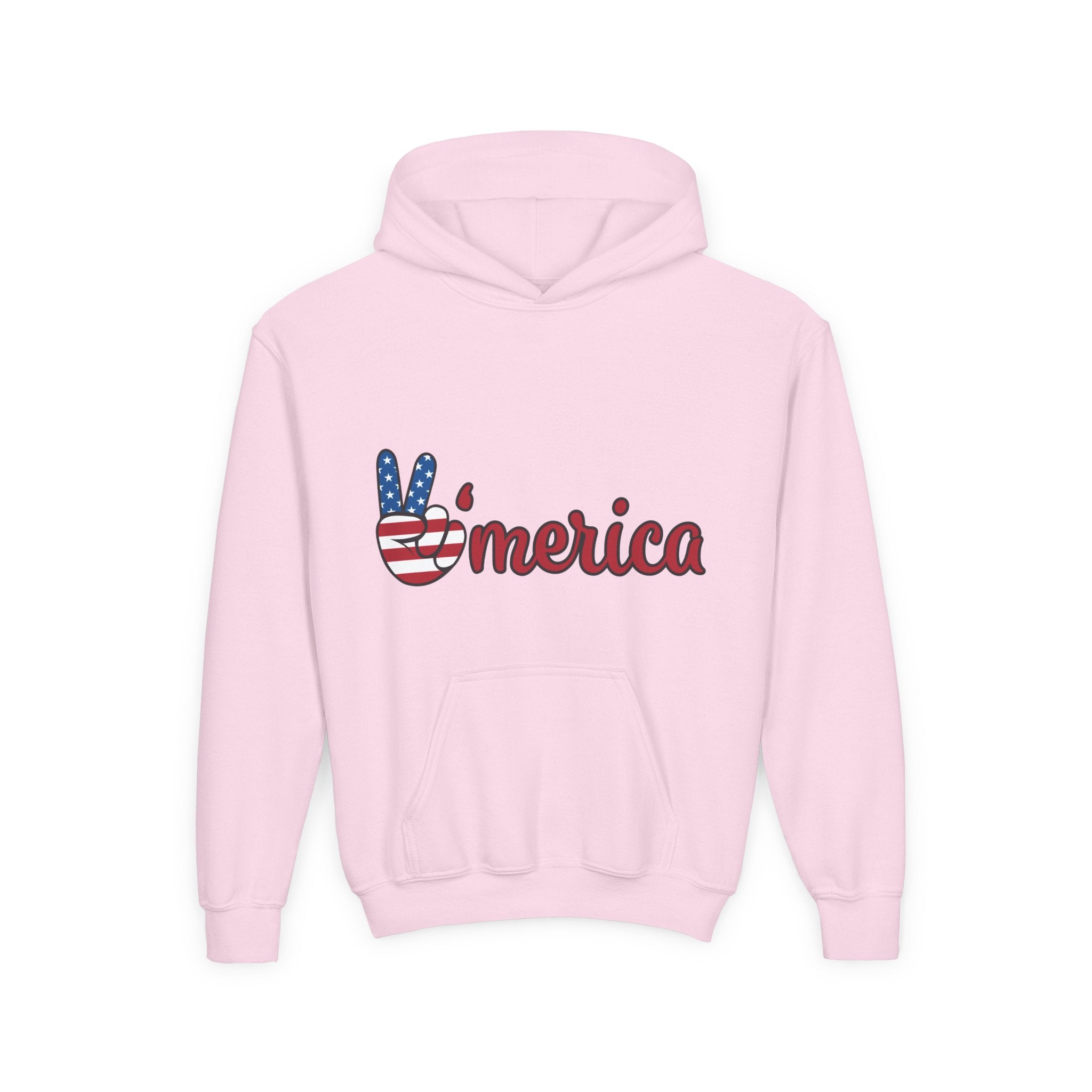 Youth Heavy Blend Hooded Sweatshirt with American Peace Sign and Astronaut Graphic