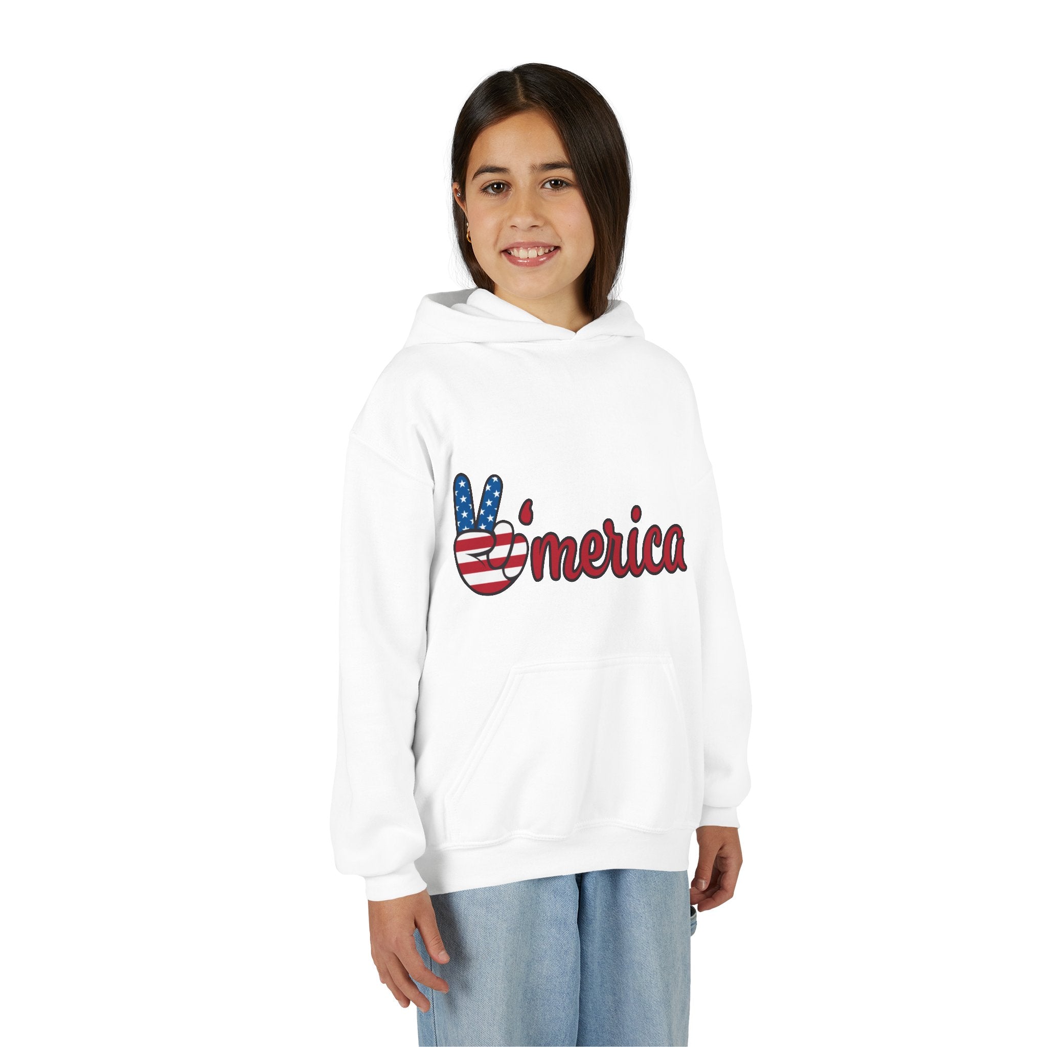 Youth Heavy Blend Hooded Sweatshirt with American Peace Sign and Astronaut Graphic