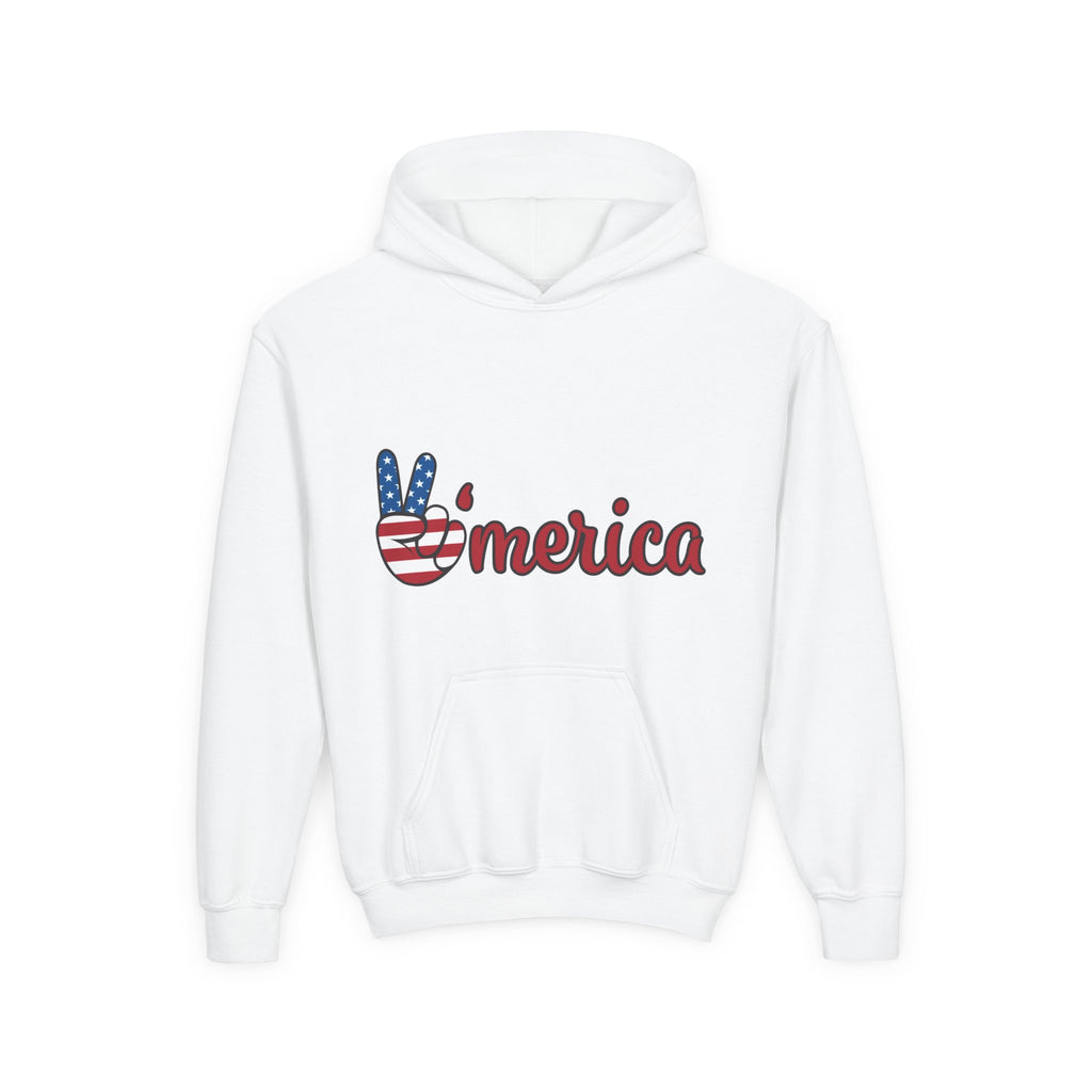 Youth Heavy Blend Hooded Sweatshirt with American Peace Sign and Astronaut Graphic