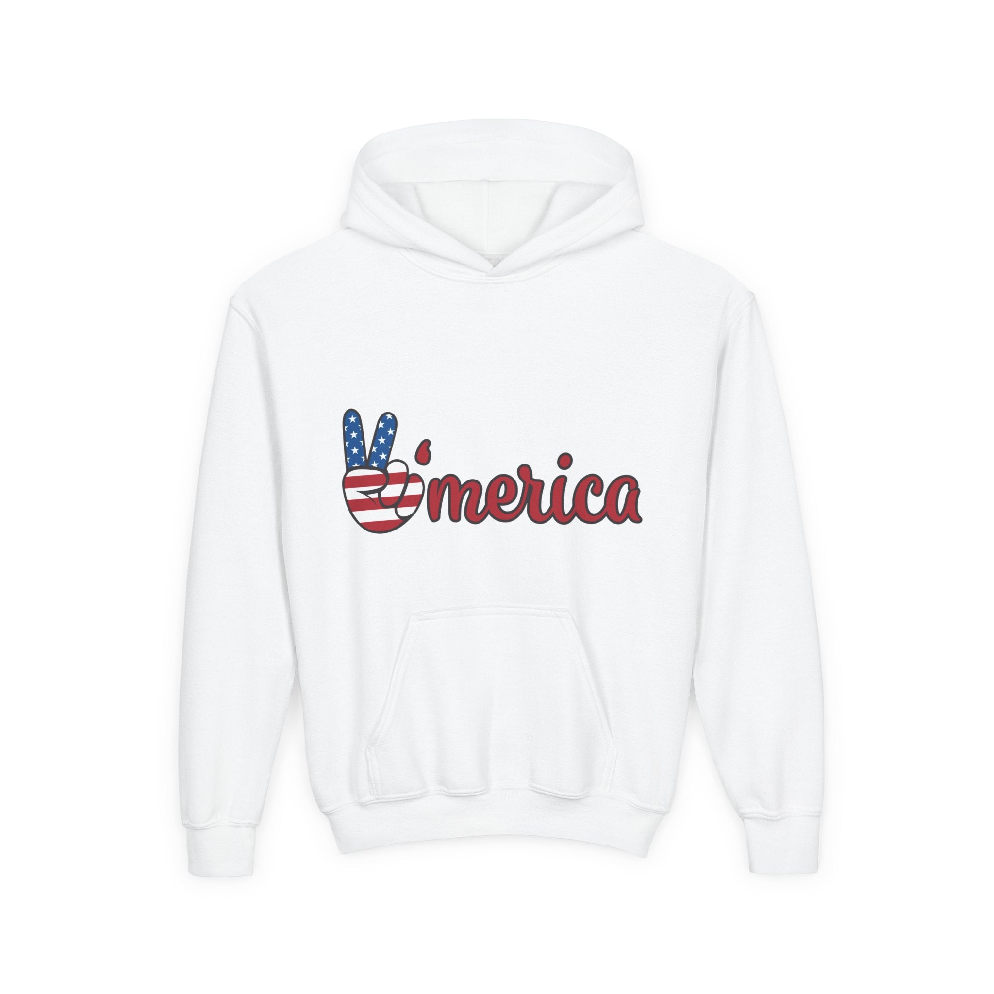 Youth Heavy Blend Hooded Sweatshirt with American Peace Sign and Astronaut Graphic
