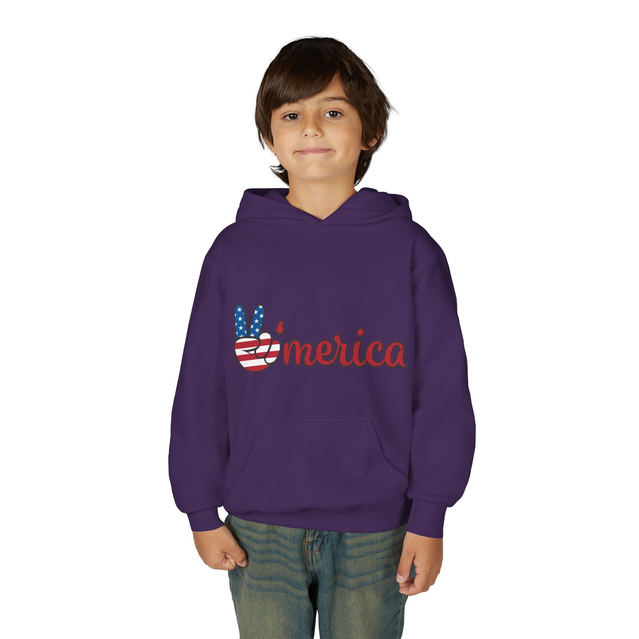 Youth Heavy Blend Hooded Sweatshirt with American Peace Sign and Astronaut Graphic