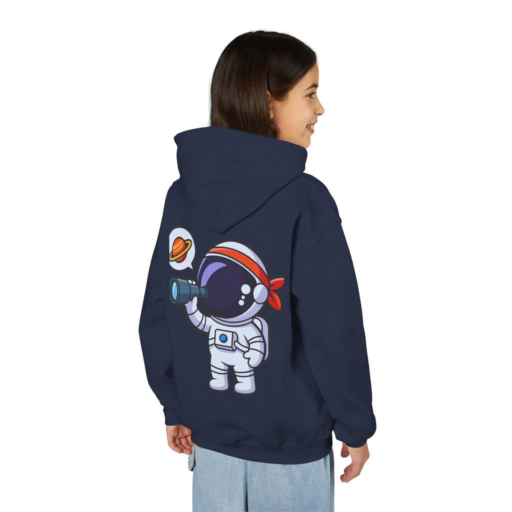 Youth Heavy Blend Hooded Sweatshirt with American Peace Sign and Astronaut Graphic