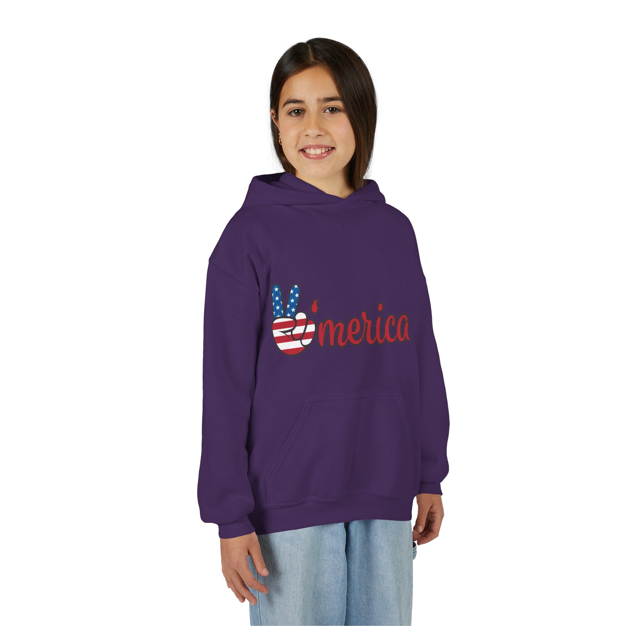 Youth Heavy Blend Hooded Sweatshirt with American Peace Sign and Astronaut Graphic