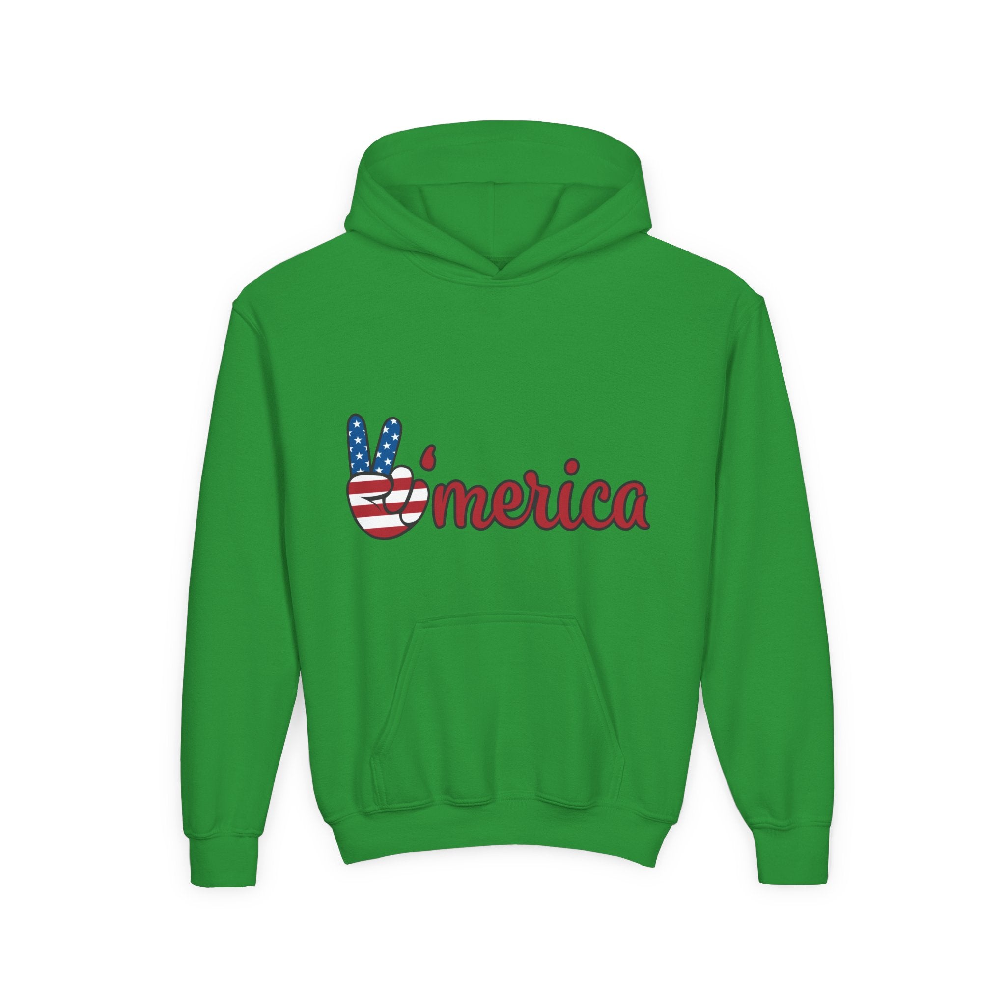Youth Heavy Blend Hooded Sweatshirt with American Peace Sign and Astronaut Graphic