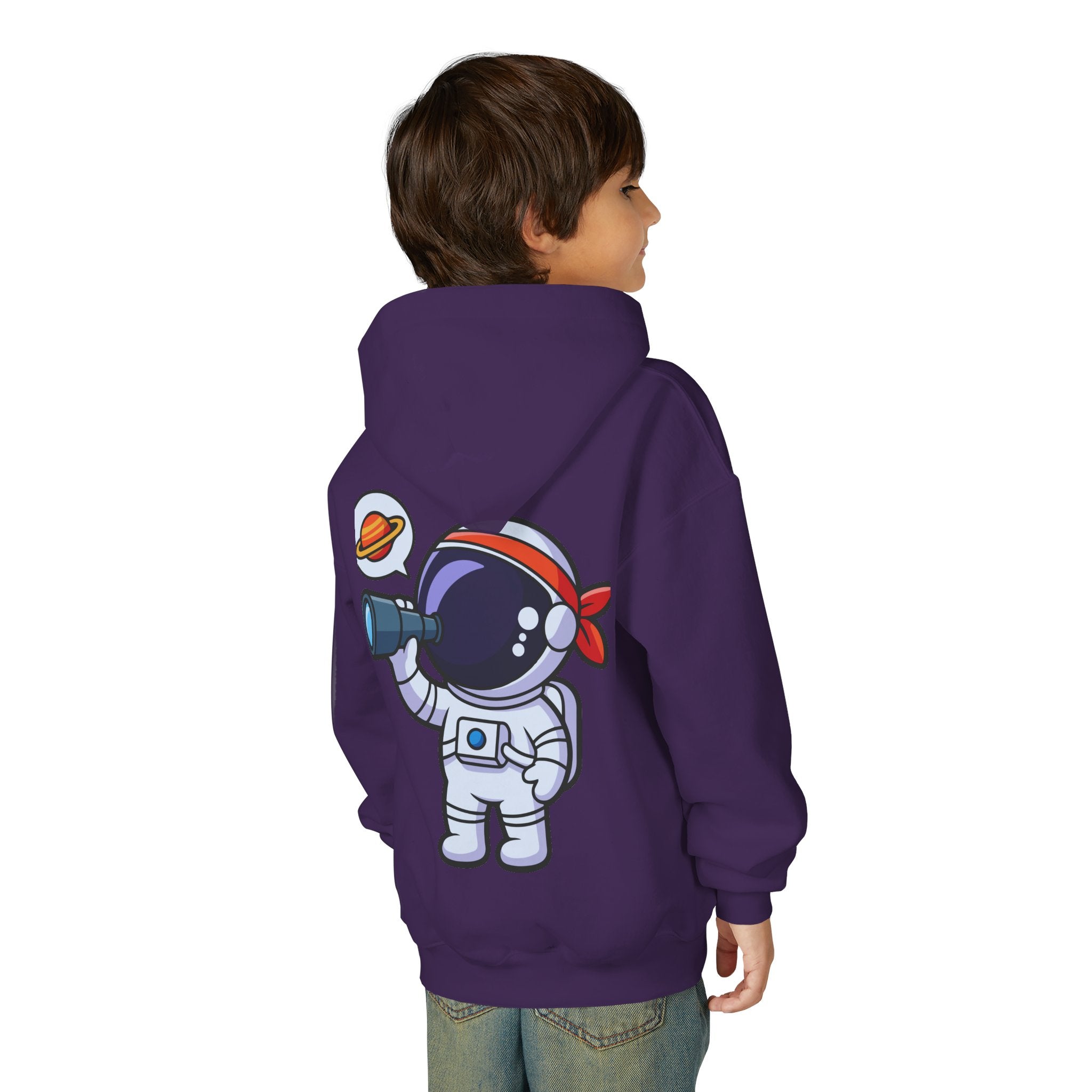 Youth Heavy Blend Hooded Sweatshirt with American Peace Sign and Astronaut Graphic