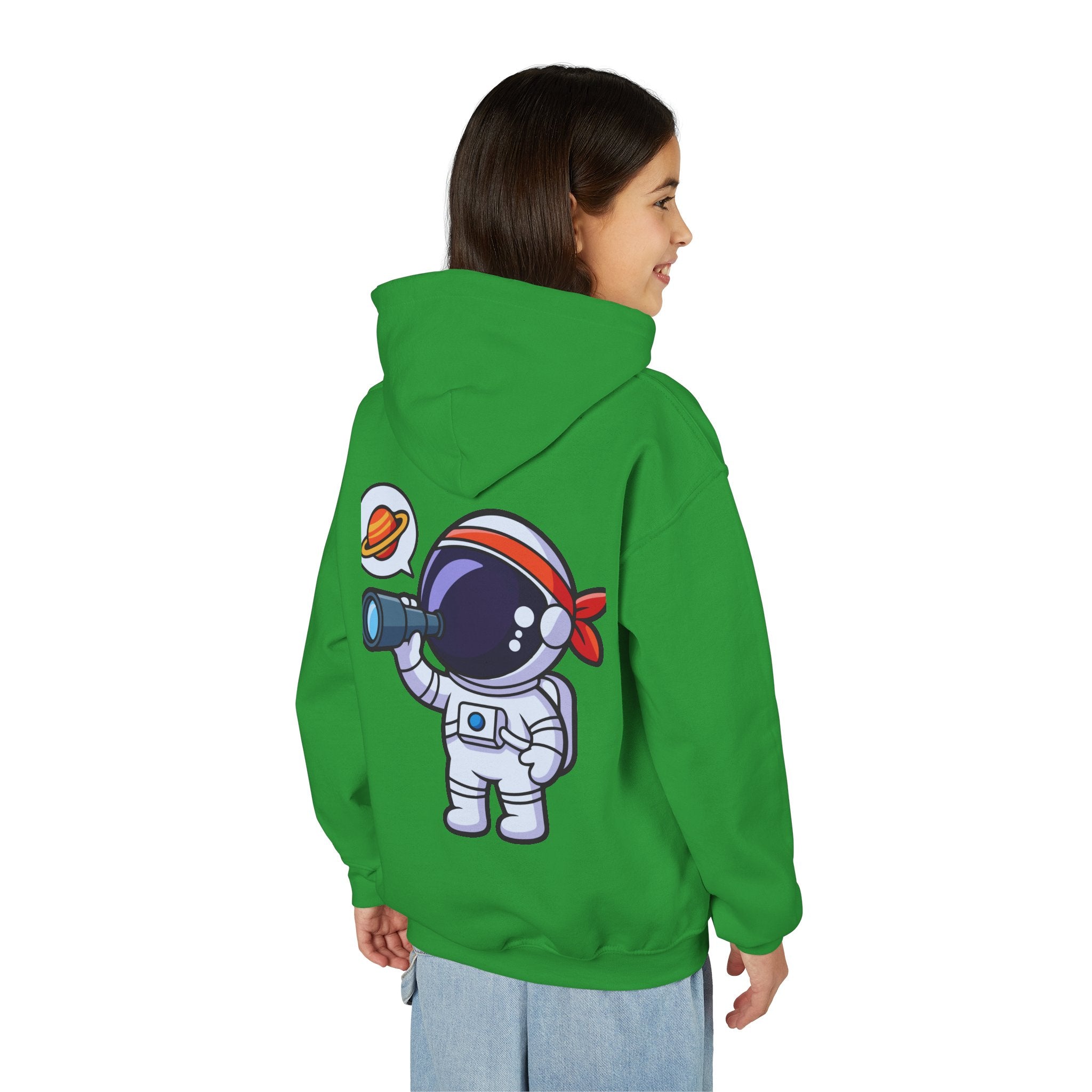 Youth Heavy Blend Hooded Sweatshirt with American Peace Sign and Astronaut Graphic