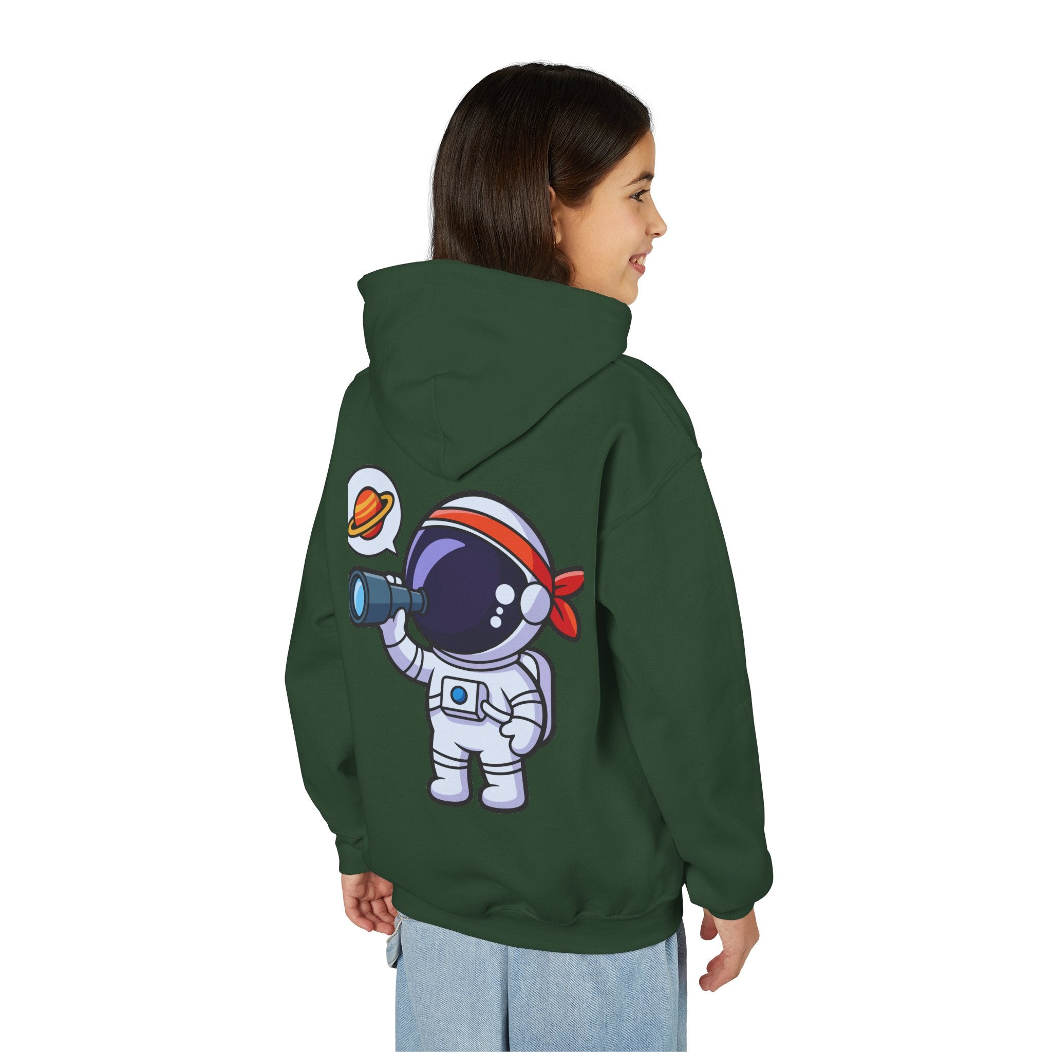 Youth Heavy Blend Hooded Sweatshirt with American Peace Sign and Astronaut Graphic