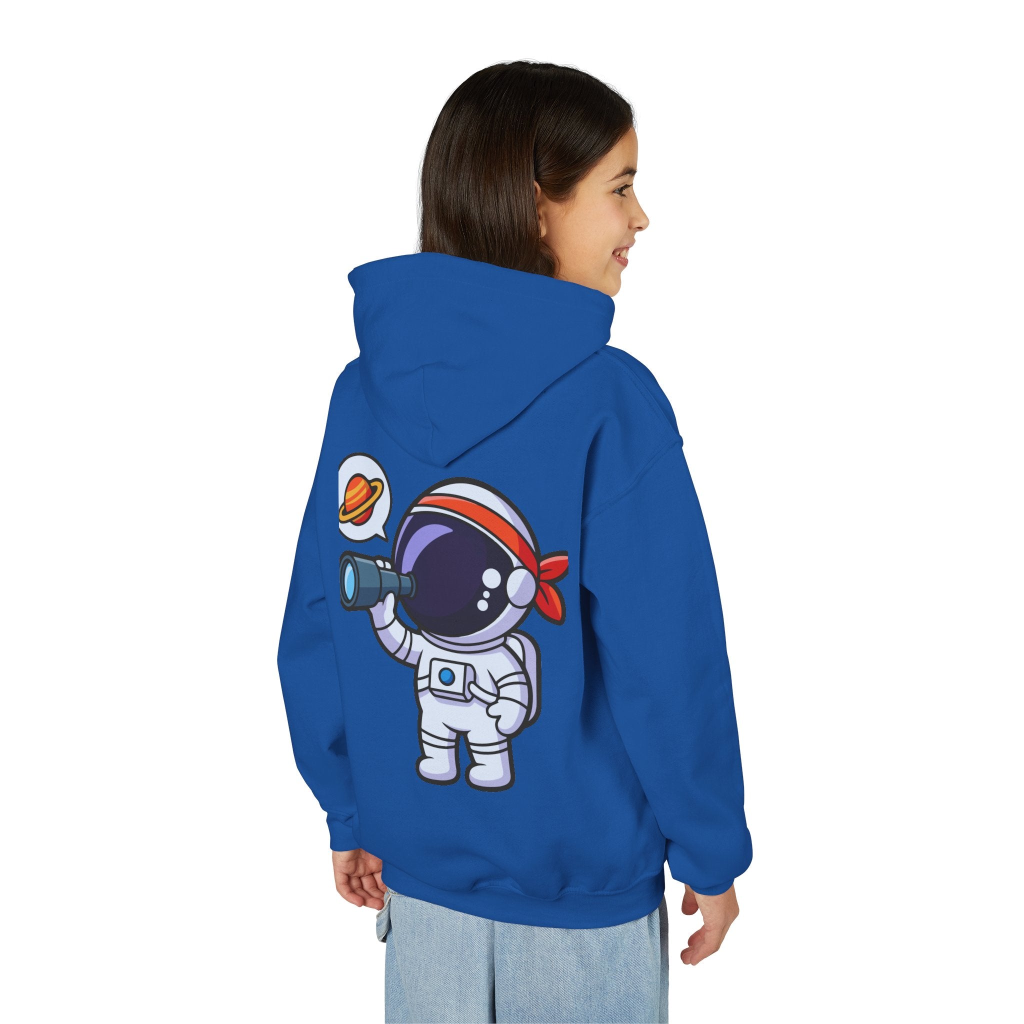 Youth Heavy Blend Hooded Sweatshirt with American Peace Sign and Astronaut Graphic