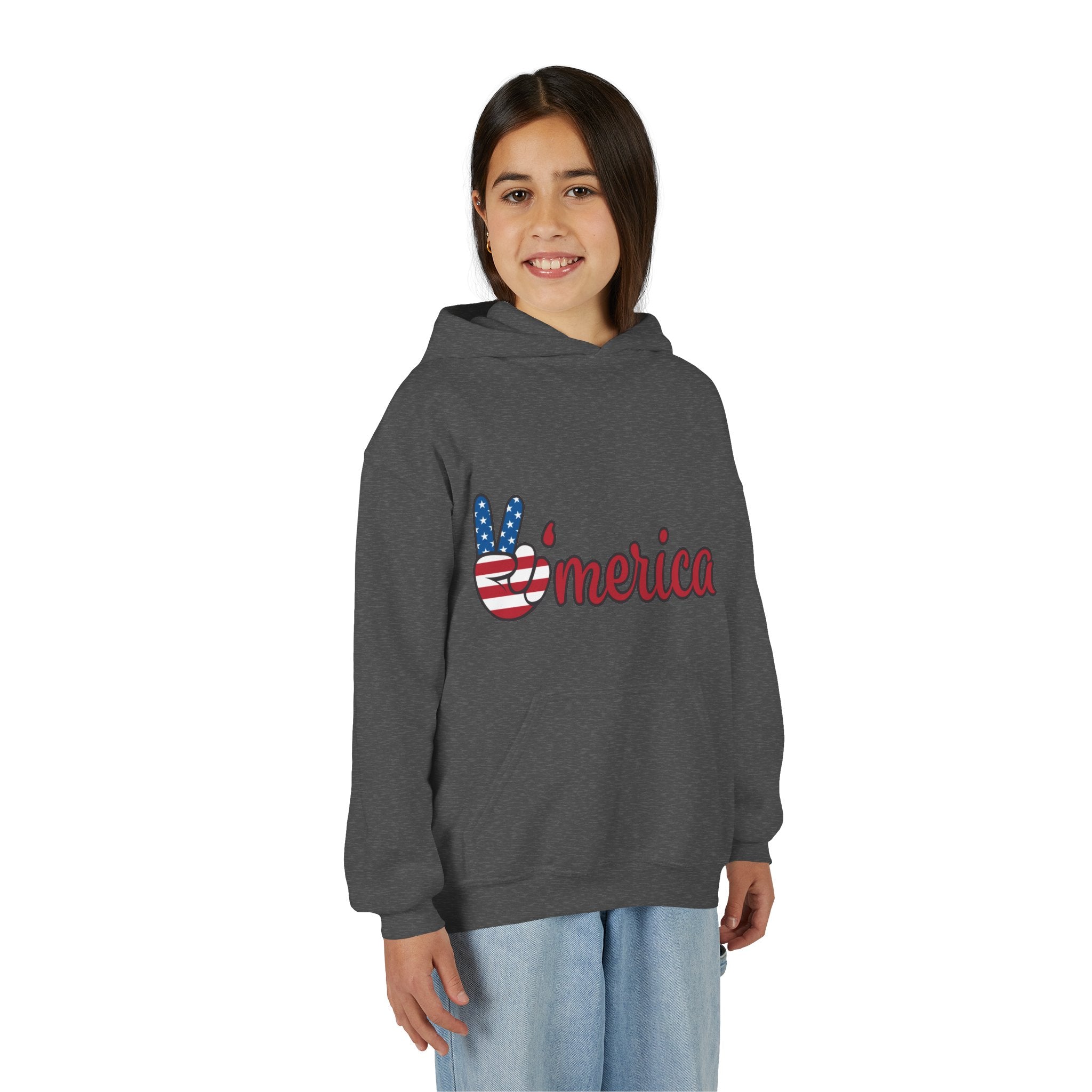 Youth Heavy Blend Hooded Sweatshirt with American Peace Sign and Astronaut Graphic
