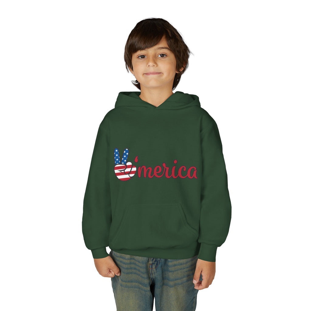 Youth Heavy Blend Hooded Sweatshirt with American Peace Sign and Astronaut Graphic