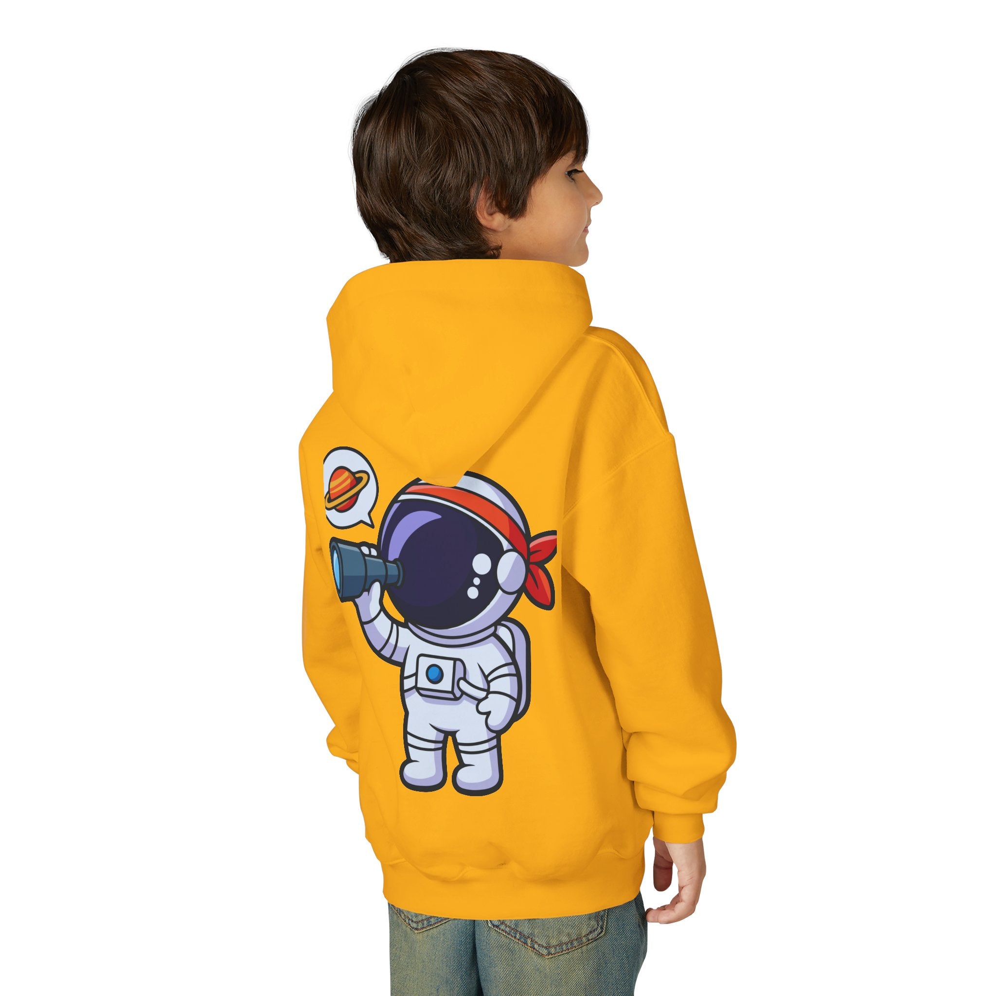 Youth Heavy Blend Hooded Sweatshirt with American Peace Sign and Astronaut Graphic