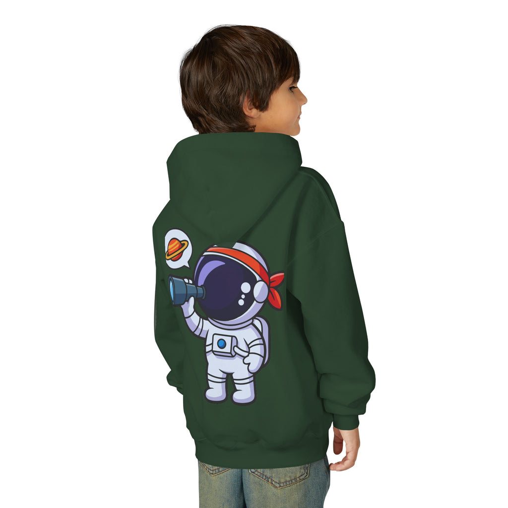 Youth Heavy Blend Hooded Sweatshirt with American Peace Sign and Astronaut Graphic