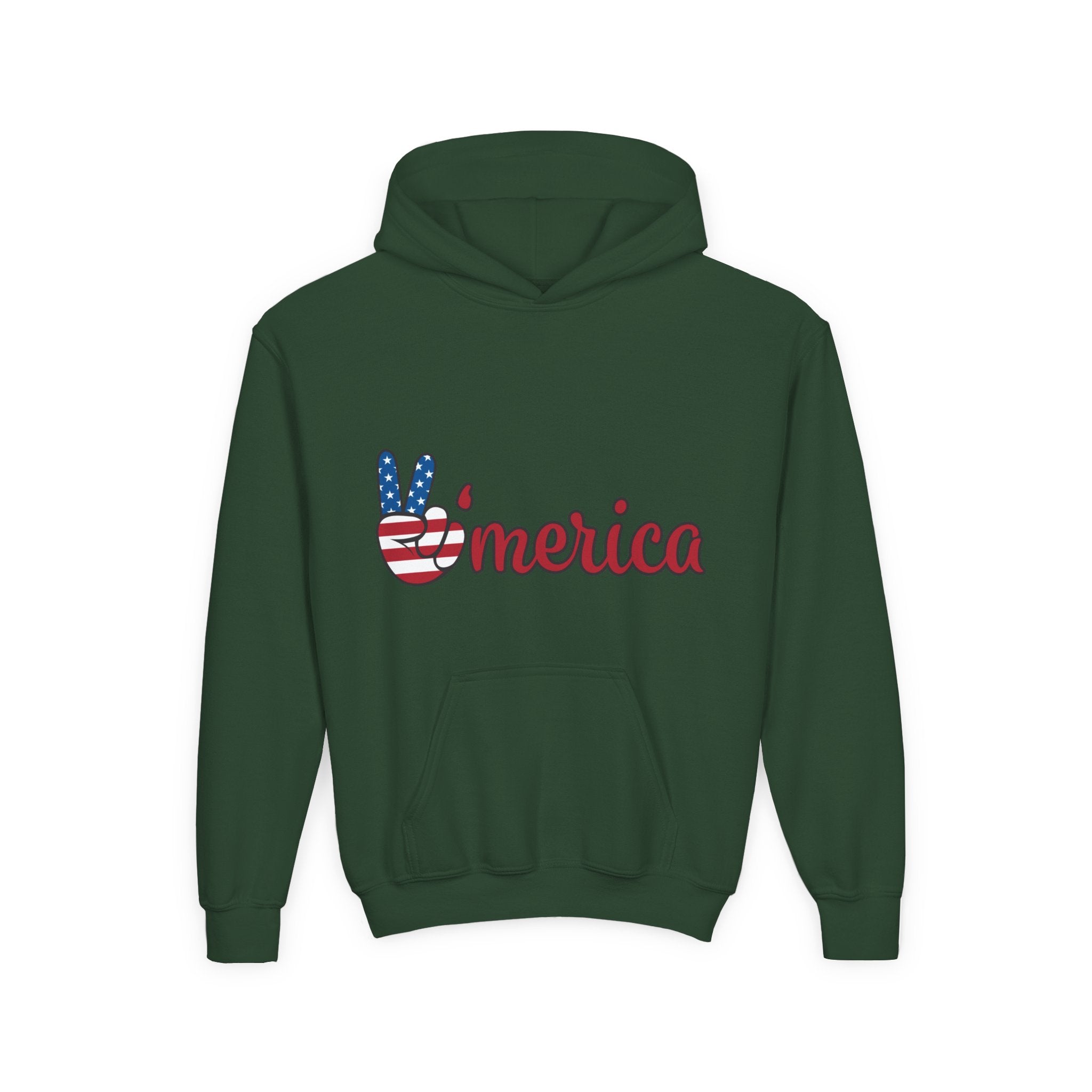 Youth Heavy Blend Hooded Sweatshirt with American Peace Sign and Astronaut Graphic