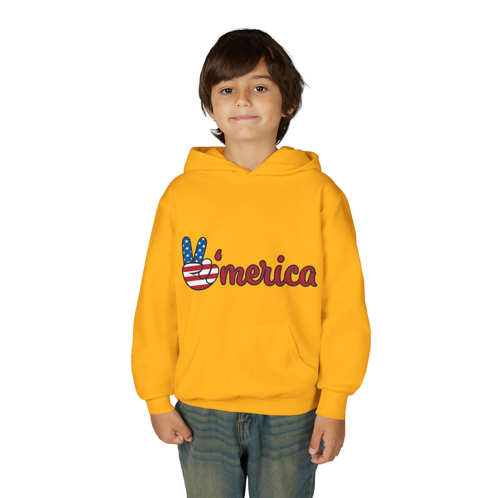 Youth Heavy Blend Hooded Sweatshirt with American Peace Sign and Astronaut Graphic