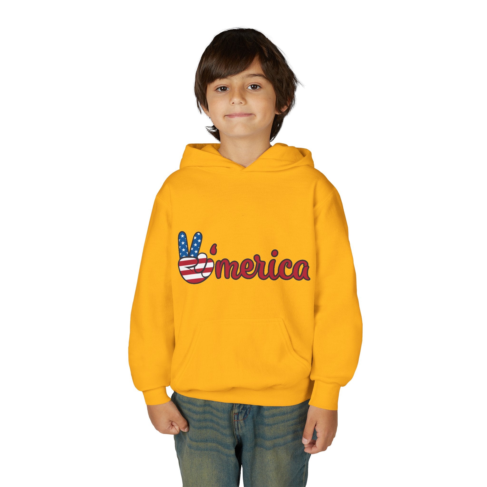 Youth Heavy Blend Hooded Sweatshirt with American Peace Sign and Astronaut Graphic