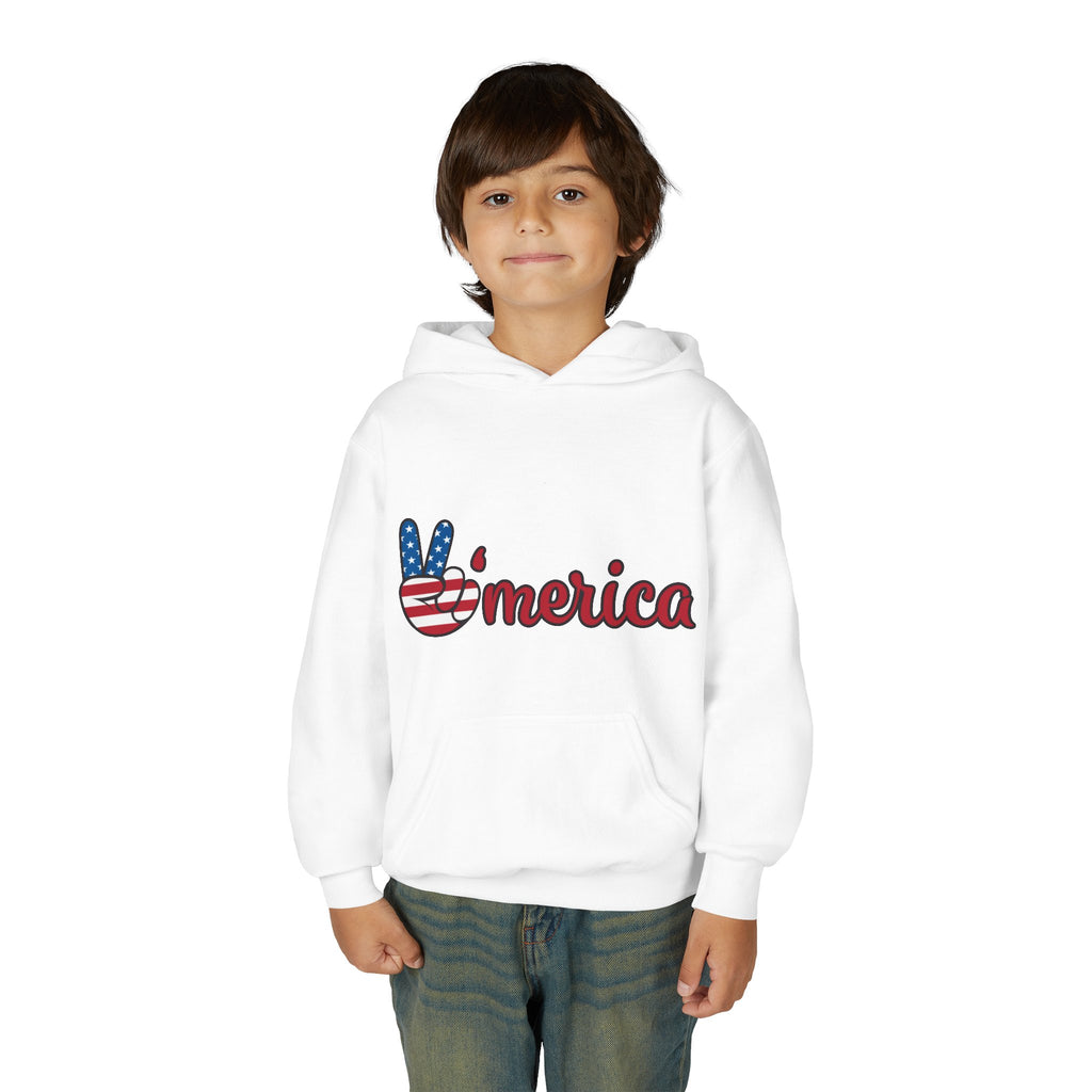 Youth Heavy Blend Hooded Sweatshirt with American Peace Sign and Astronaut Graphic
