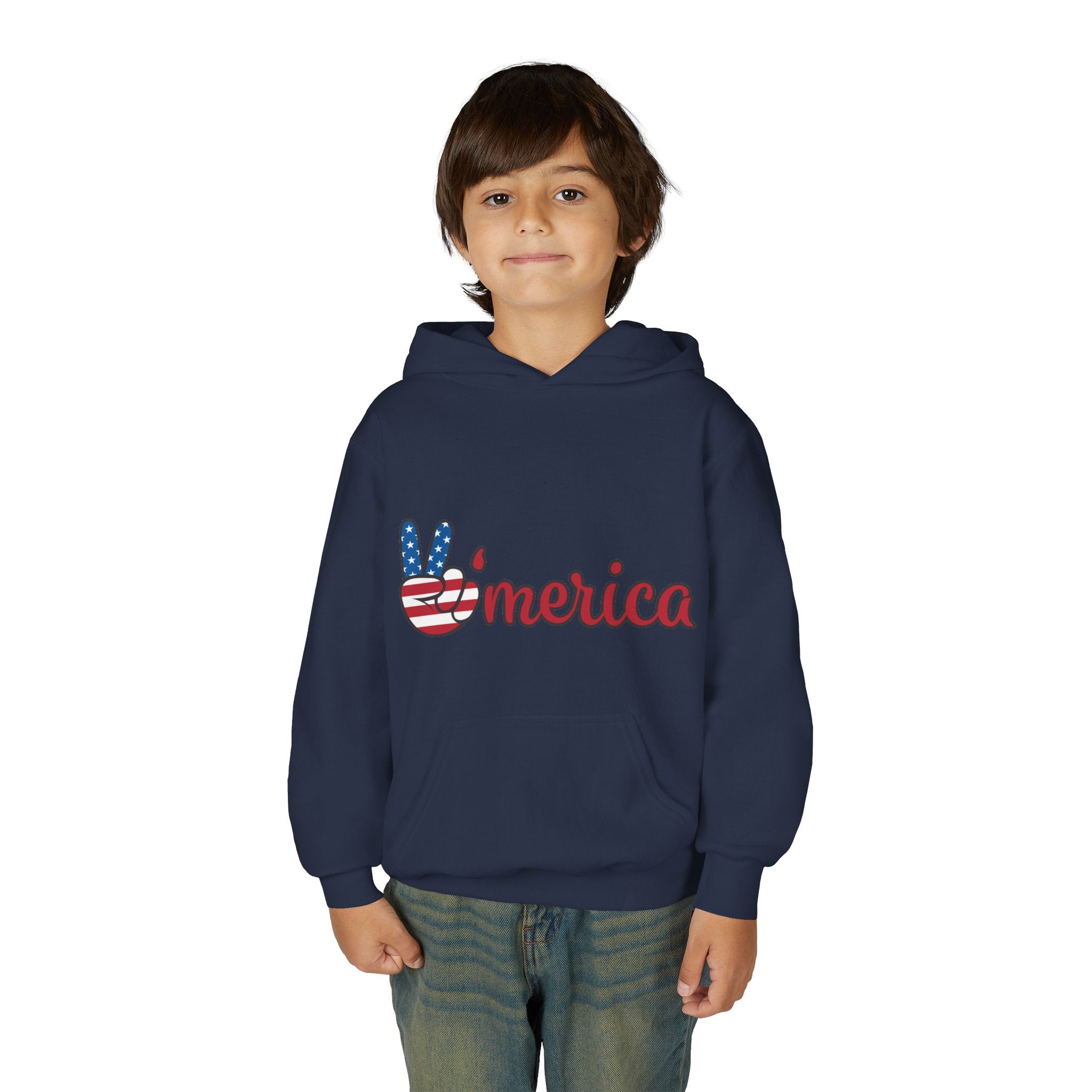 Youth Heavy Blend Hooded Sweatshirt with American Peace Sign and Astronaut Graphic