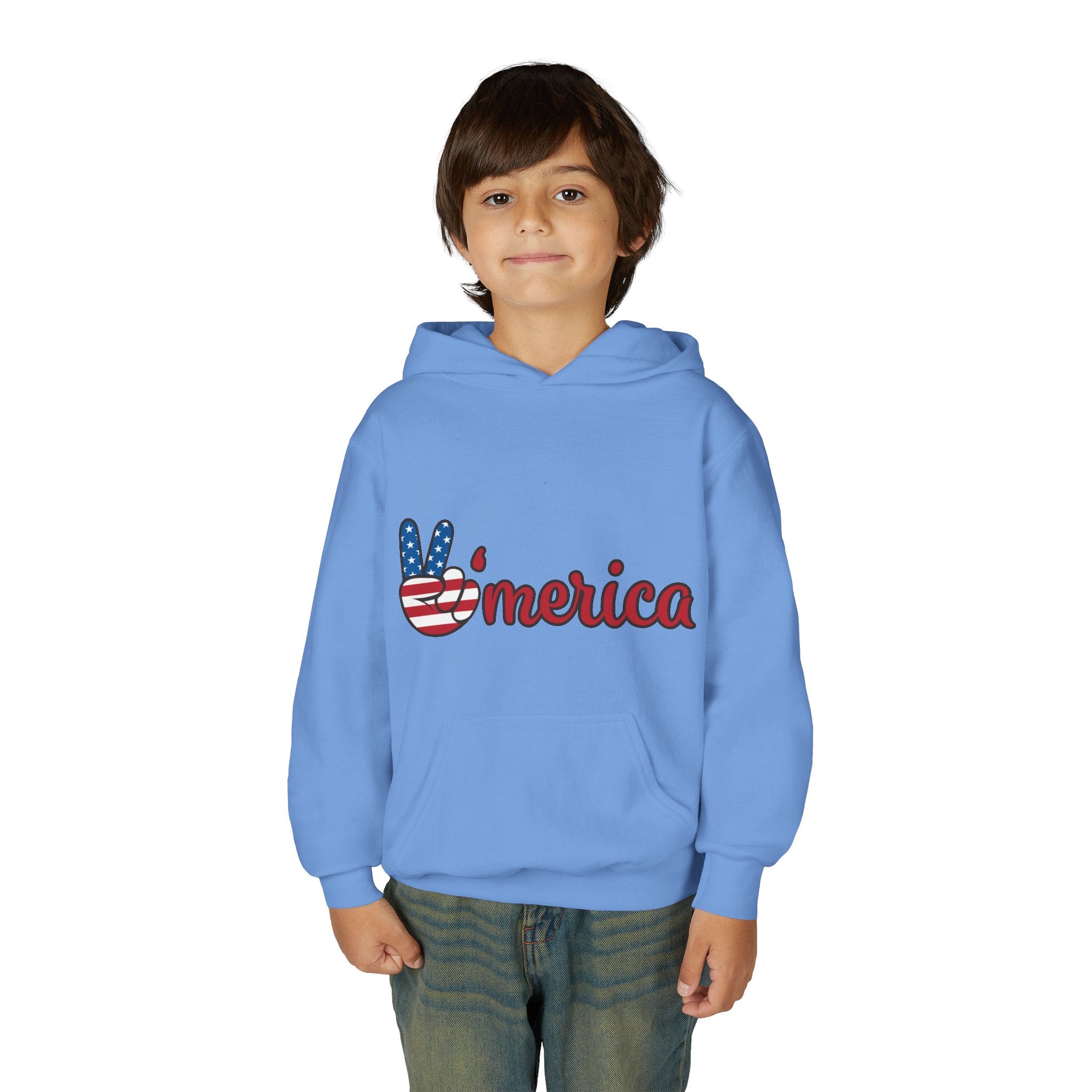 Youth Heavy Blend Hooded Sweatshirt with American Peace Sign and Astronaut Graphic
