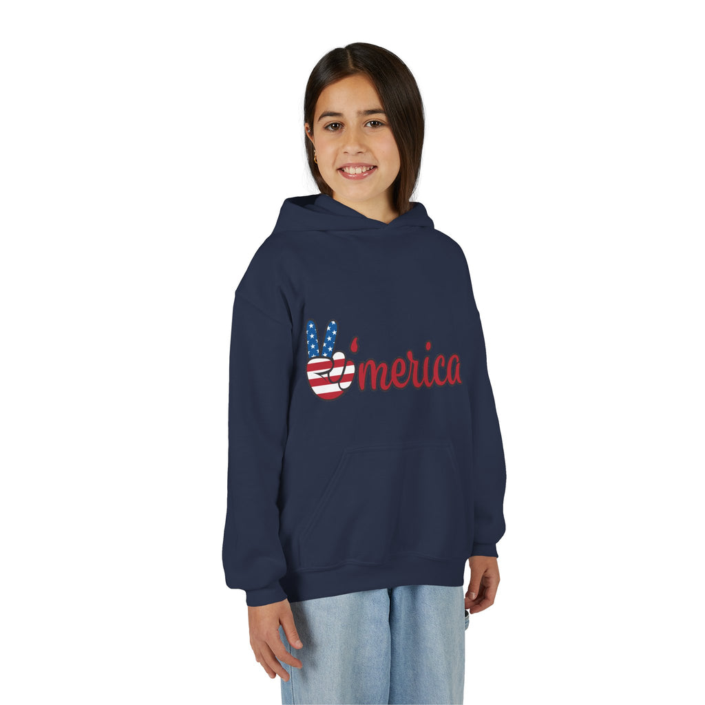 Youth Heavy Blend Hooded Sweatshirt with American Peace Sign and Astronaut Graphic