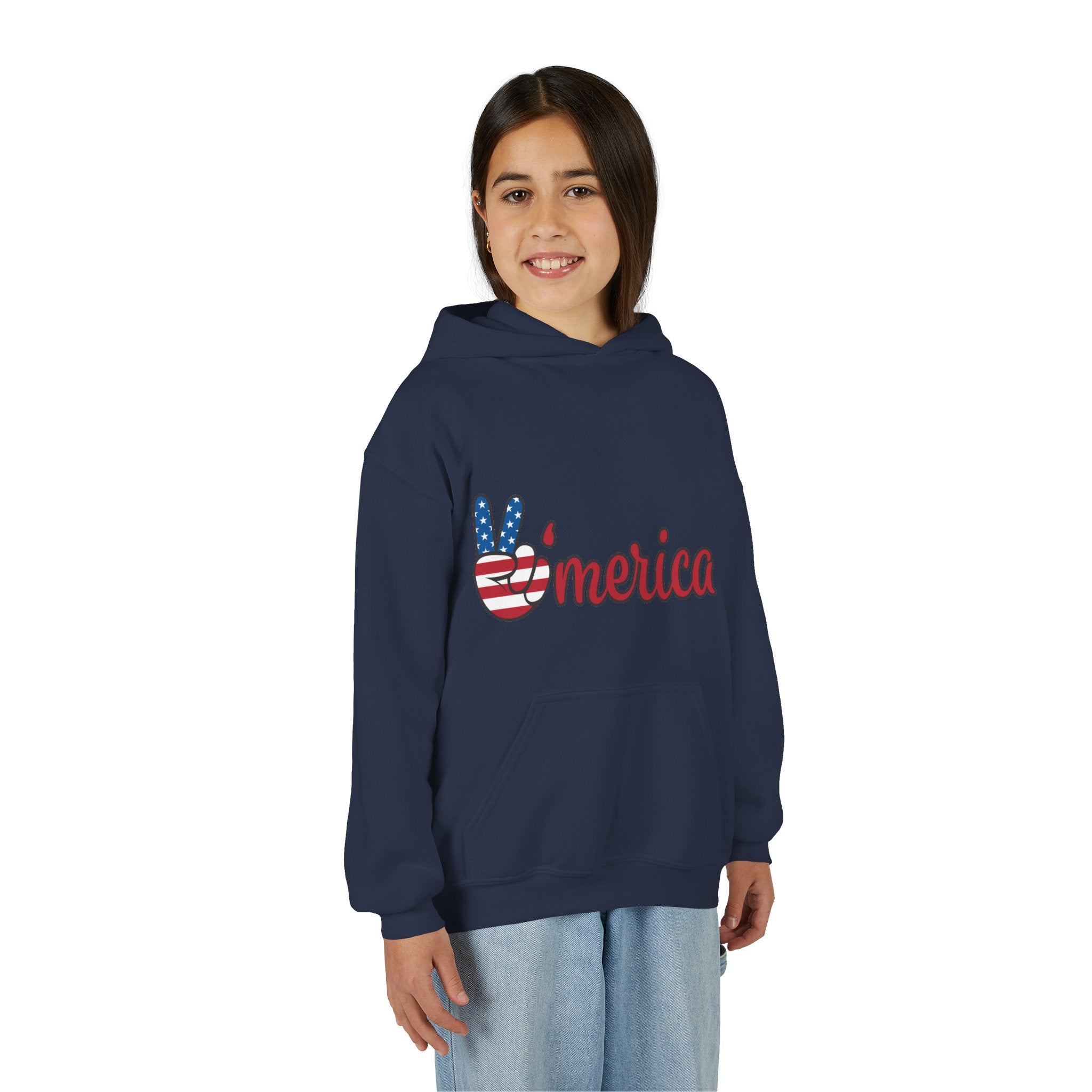 Youth Heavy Blend Hooded Sweatshirt with American Peace Sign and Astronaut Graphic