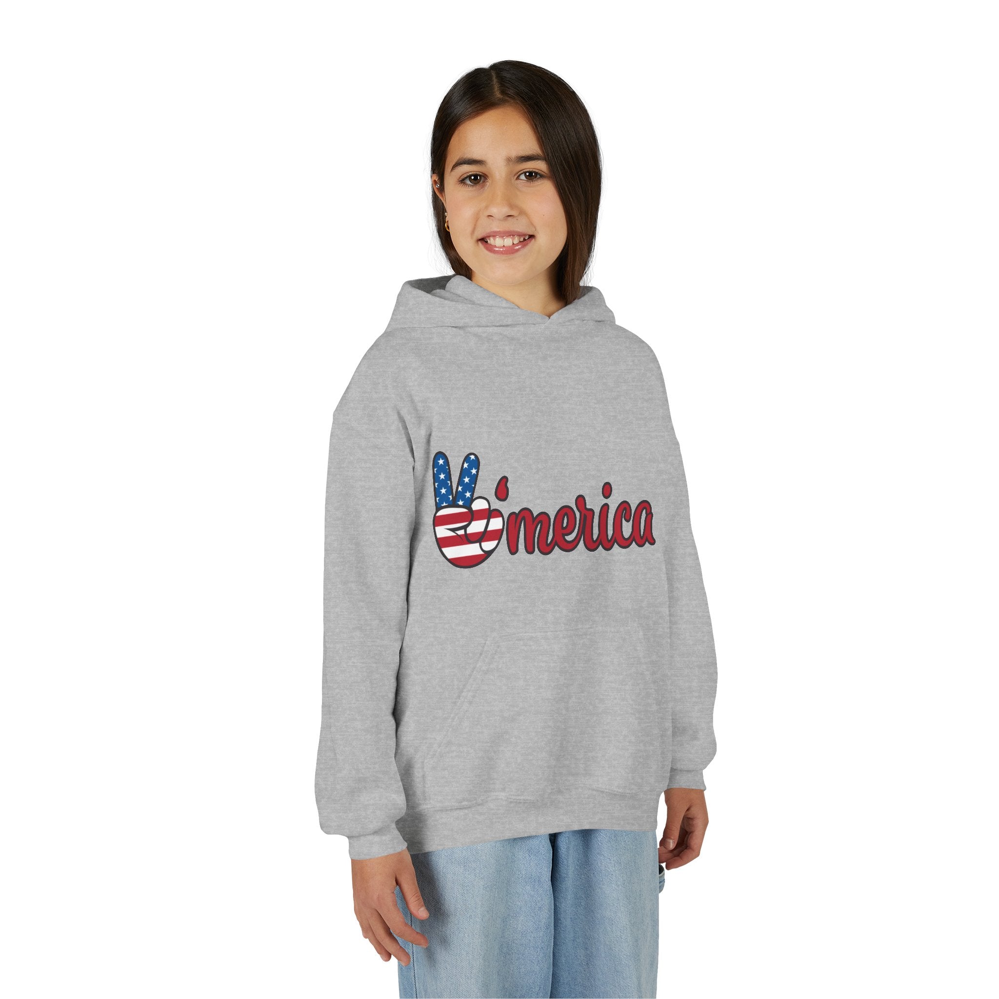 Youth Heavy Blend Hooded Sweatshirt with American Peace Sign and Astronaut Graphic
