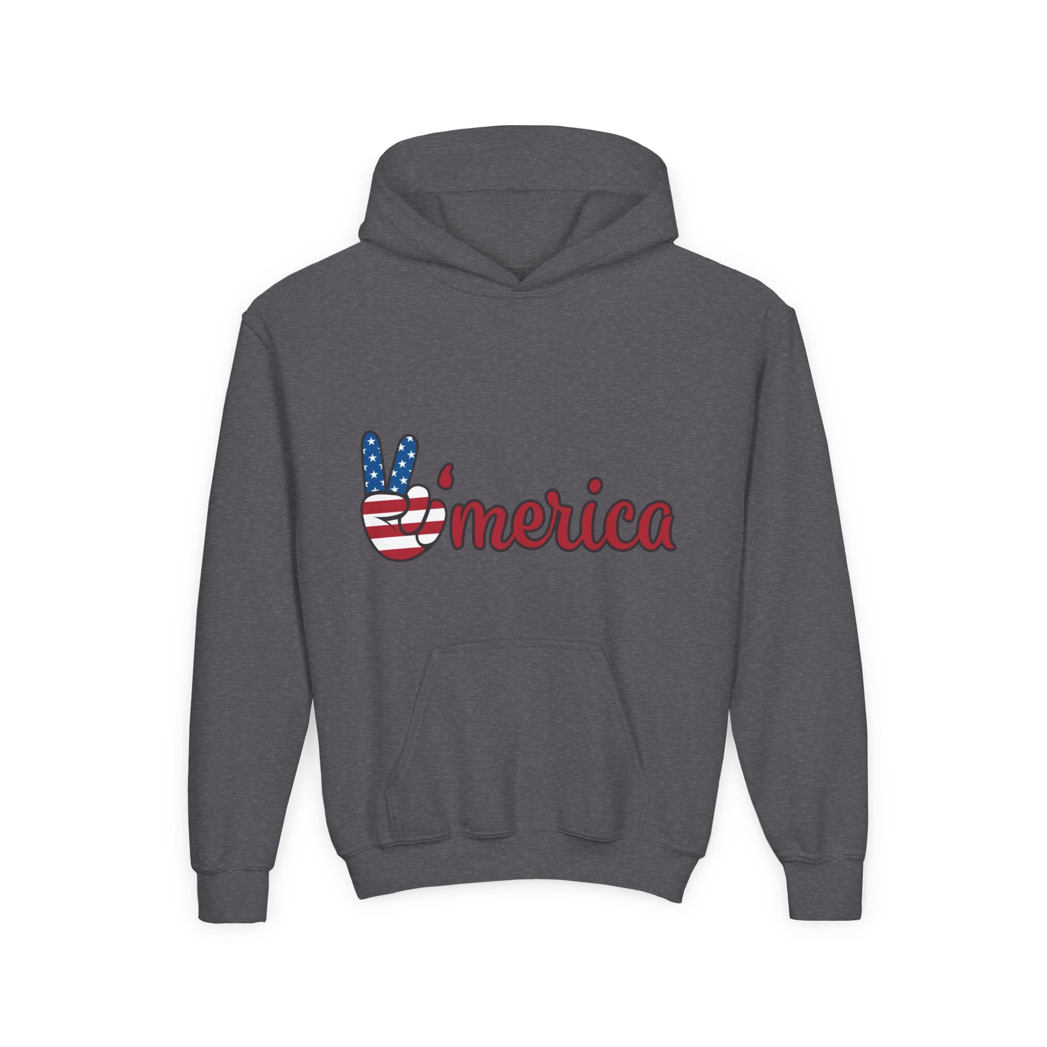 Youth Heavy Blend Hooded Sweatshirt with American Peace Sign and Astronaut Graphic
