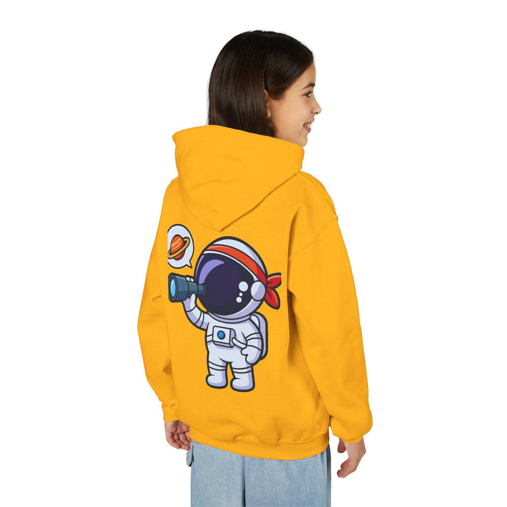 Youth Heavy Blend Hooded Sweatshirt with American Peace Sign and Astronaut Graphic