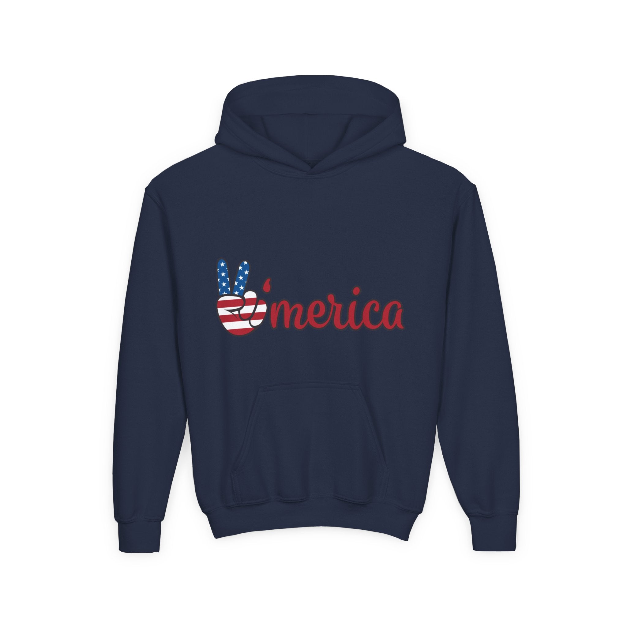 Youth Heavy Blend Hooded Sweatshirt with American Peace Sign and Astronaut Graphic