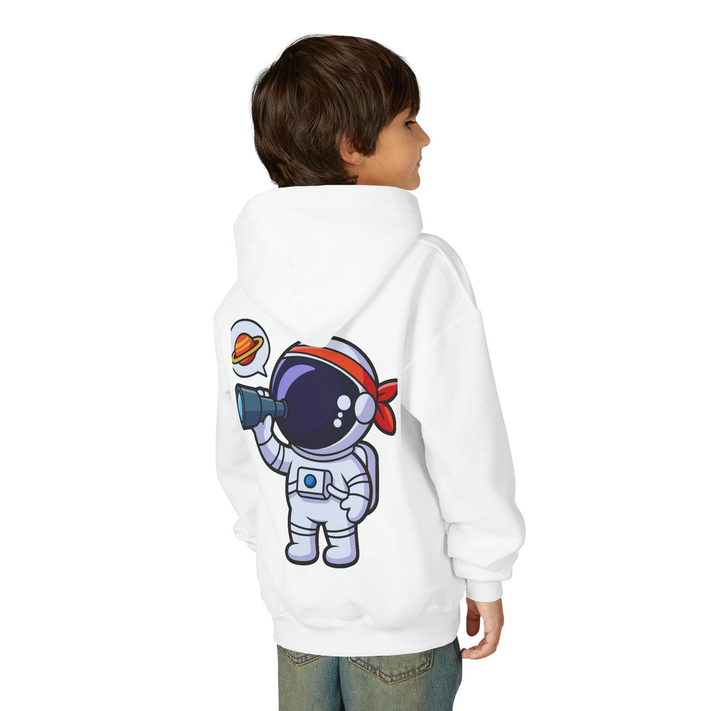 Youth Heavy Blend Hooded Sweatshirt with American Peace Sign and Astronaut Graphic