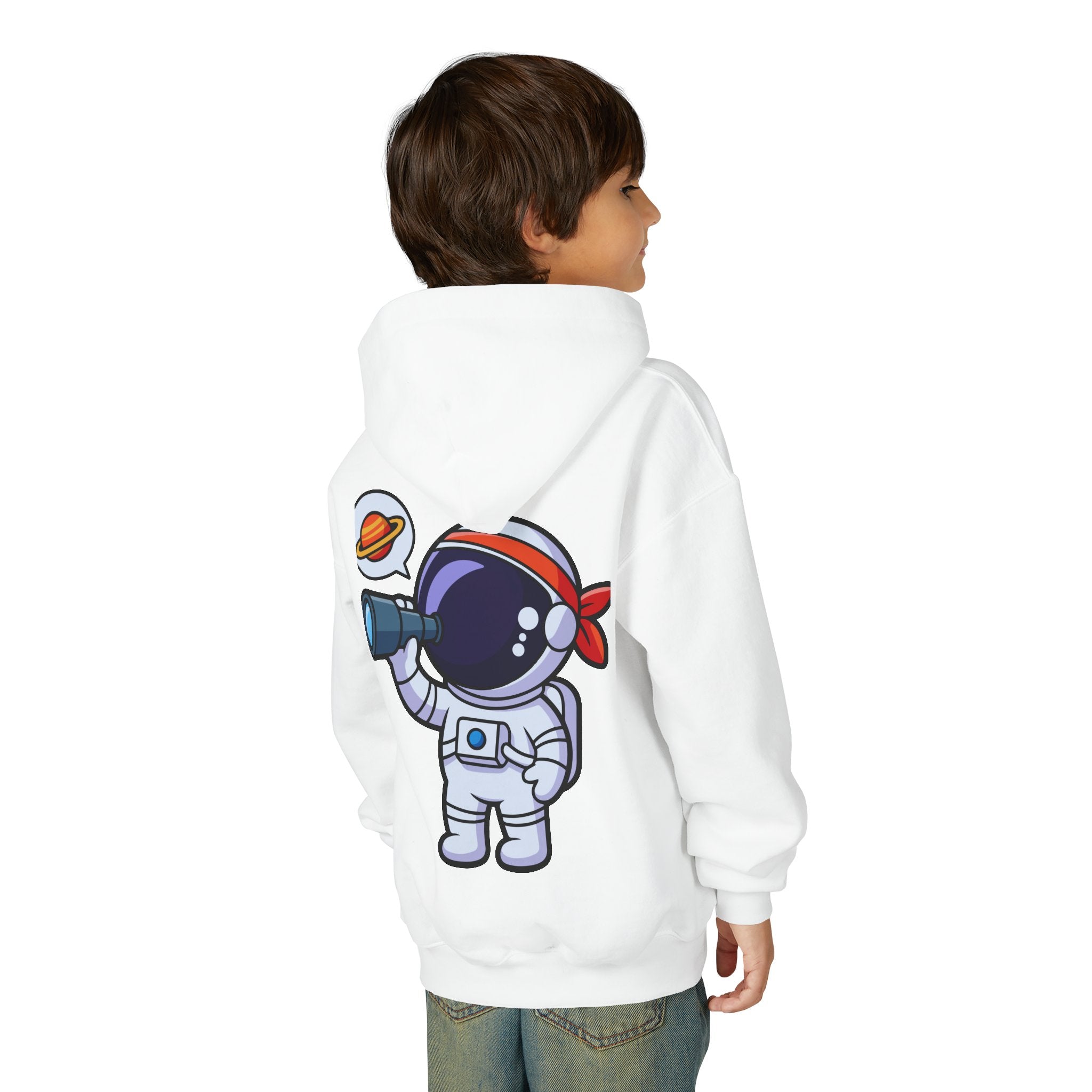 Youth Heavy Blend Hooded Sweatshirt with American Peace Sign and Astronaut Graphic
