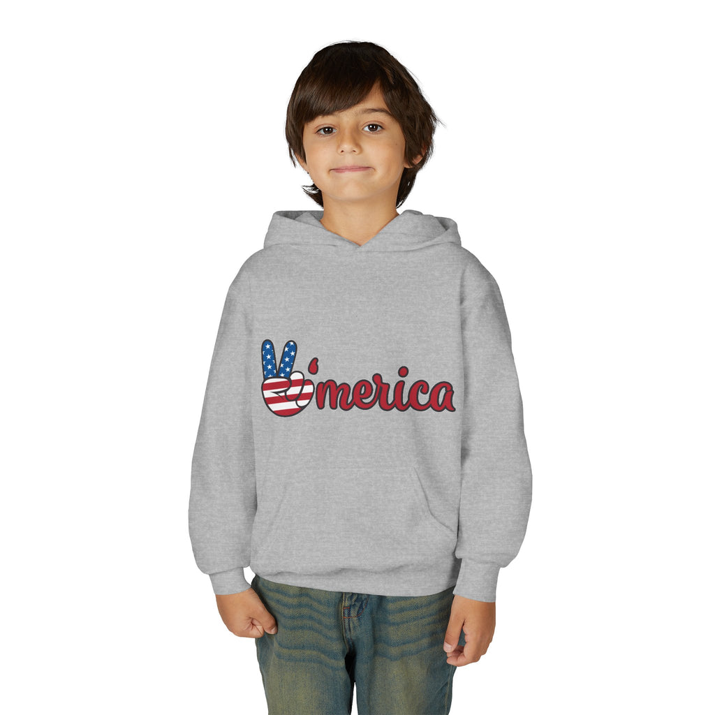 Youth Heavy Blend Hooded Sweatshirt with American Peace Sign and Astronaut Graphic