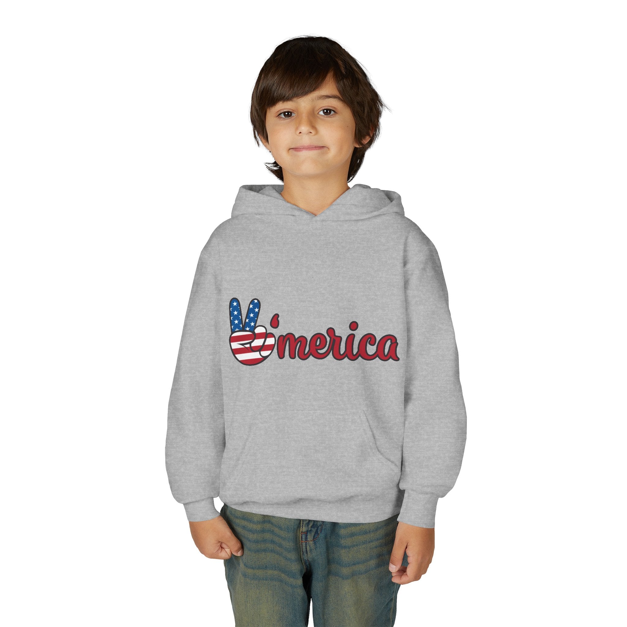 Youth Heavy Blend Hooded Sweatshirt with American Peace Sign and Astronaut Graphic