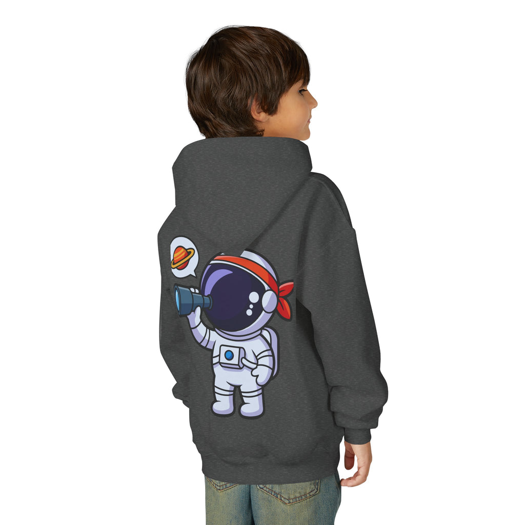 Youth Heavy Blend Hooded Sweatshirt with American Peace Sign and Astronaut Graphic