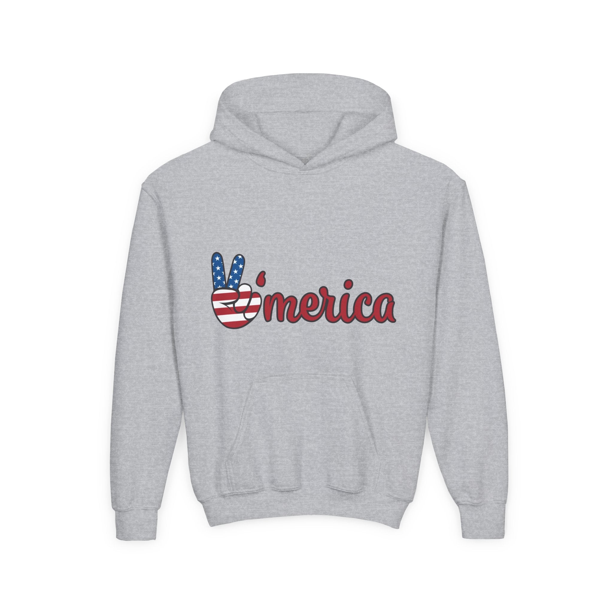 Youth Heavy Blend Hooded Sweatshirt with American Peace Sign and Astronaut Graphic