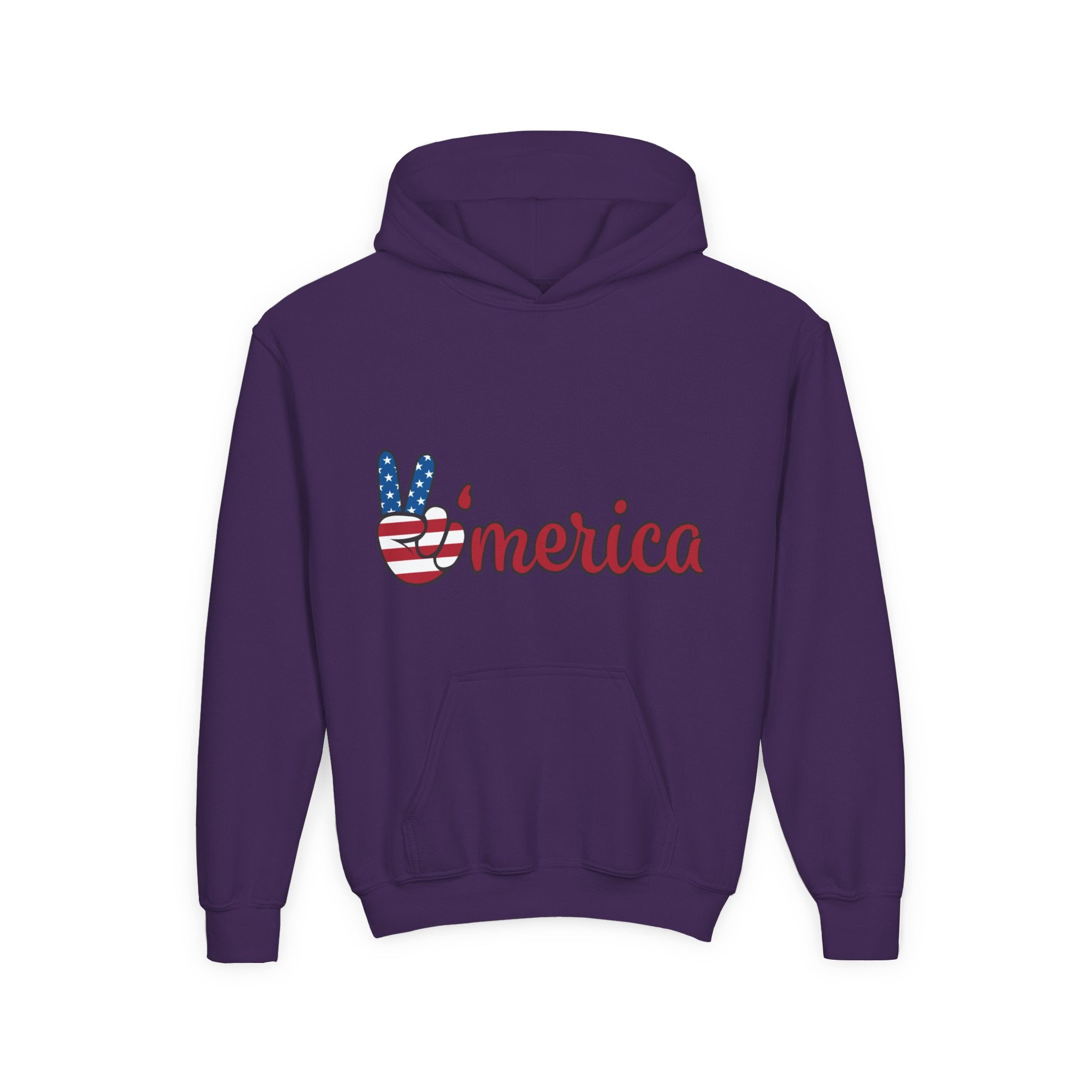 Youth Heavy Blend Hooded Sweatshirt with American Peace Sign and Astronaut Graphic