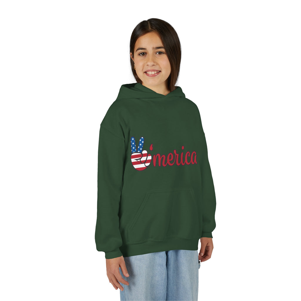 Youth Heavy Blend Hooded Sweatshirt with American Peace Sign and Astronaut Graphic