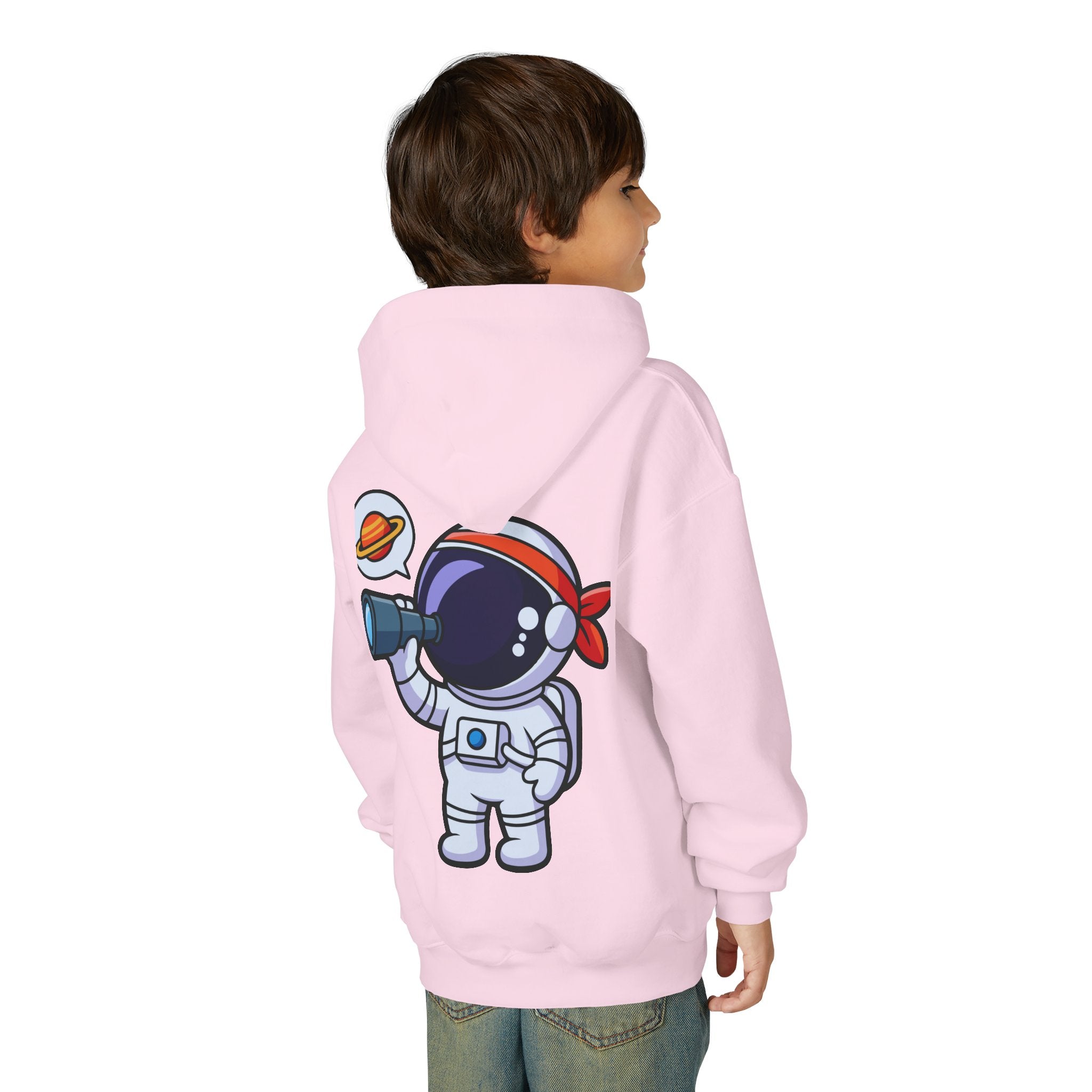 Youth Heavy Blend Hooded Sweatshirt with American Peace Sign and Astronaut Graphic