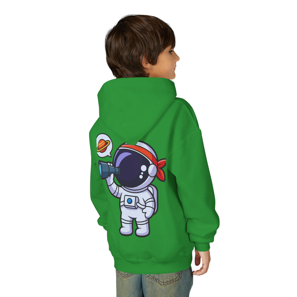 Youth Heavy Blend Hooded Sweatshirt with American Peace Sign and Astronaut Graphic