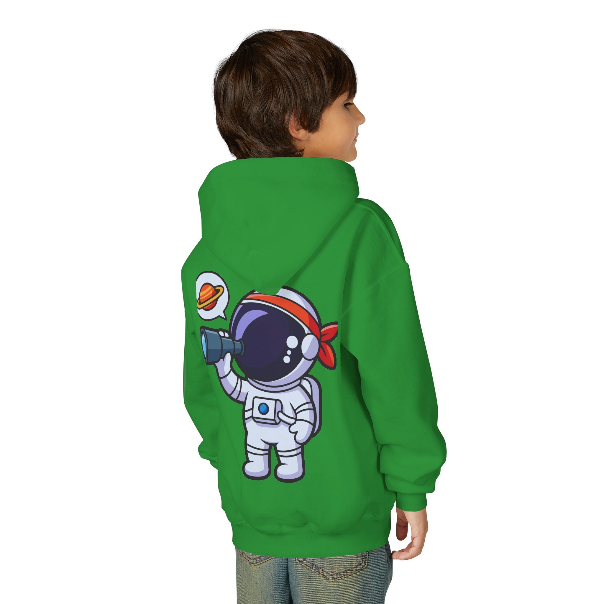 Youth Heavy Blend Hooded Sweatshirt with American Peace Sign and Astronaut Graphic