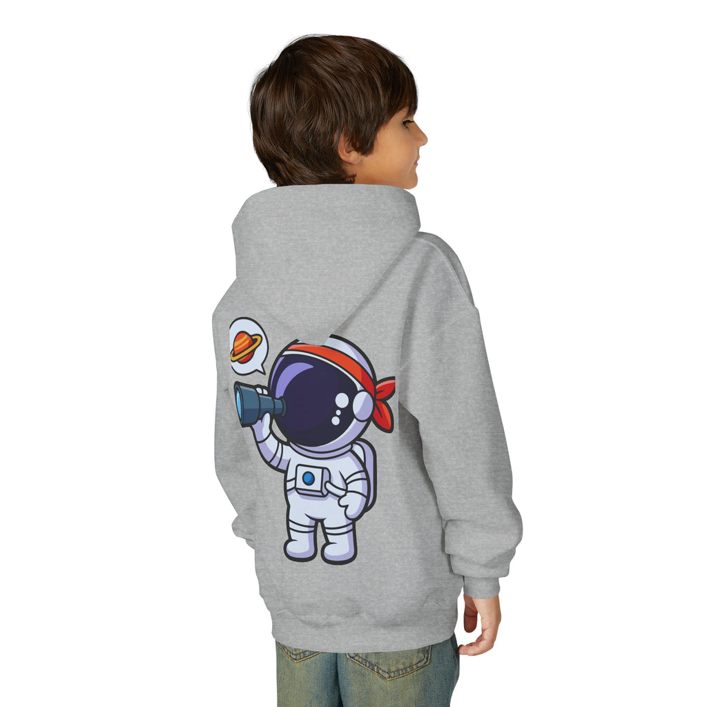 Youth Heavy Blend Hooded Sweatshirt with American Peace Sign and Astronaut Graphic
