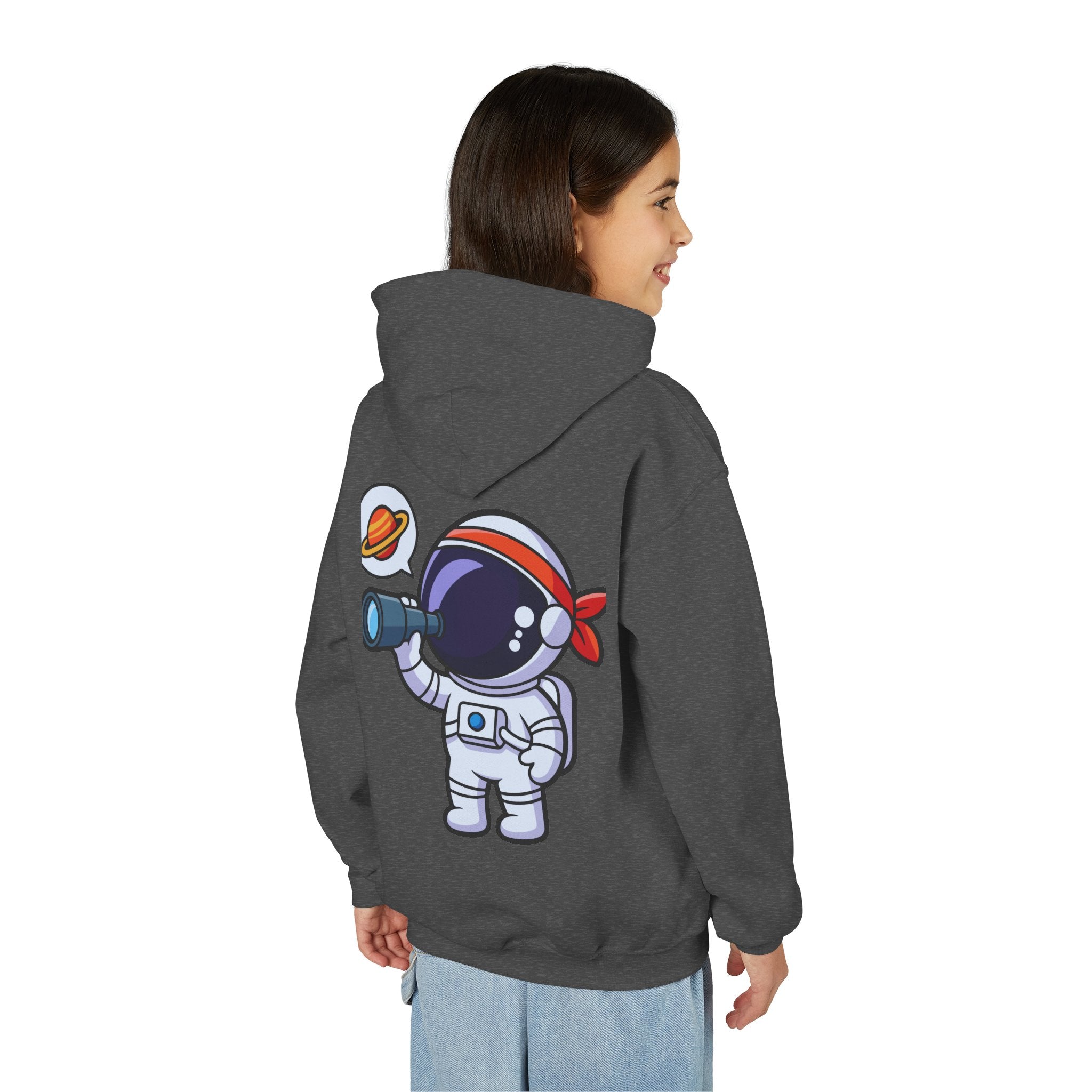 Youth Heavy Blend Hooded Sweatshirt with American Peace Sign and Astronaut Graphic