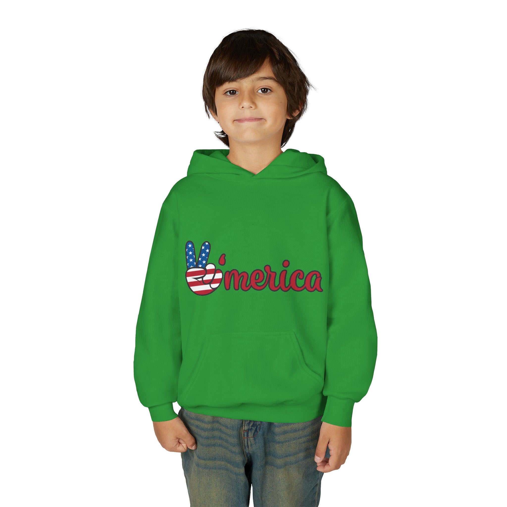 Youth Heavy Blend Hooded Sweatshirt with American Peace Sign and Astronaut Graphic